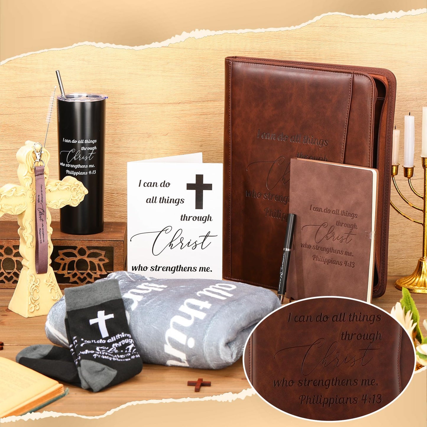 Sieral 8 Pcs Christian Gifts for Men Pastor Appreciation Gifts Leather Portfolio Journal Bible Scripture Keychain Pen Notebook Bookmarks for Fathers Day Dad Husband Grandpa Coworker Church Birthday