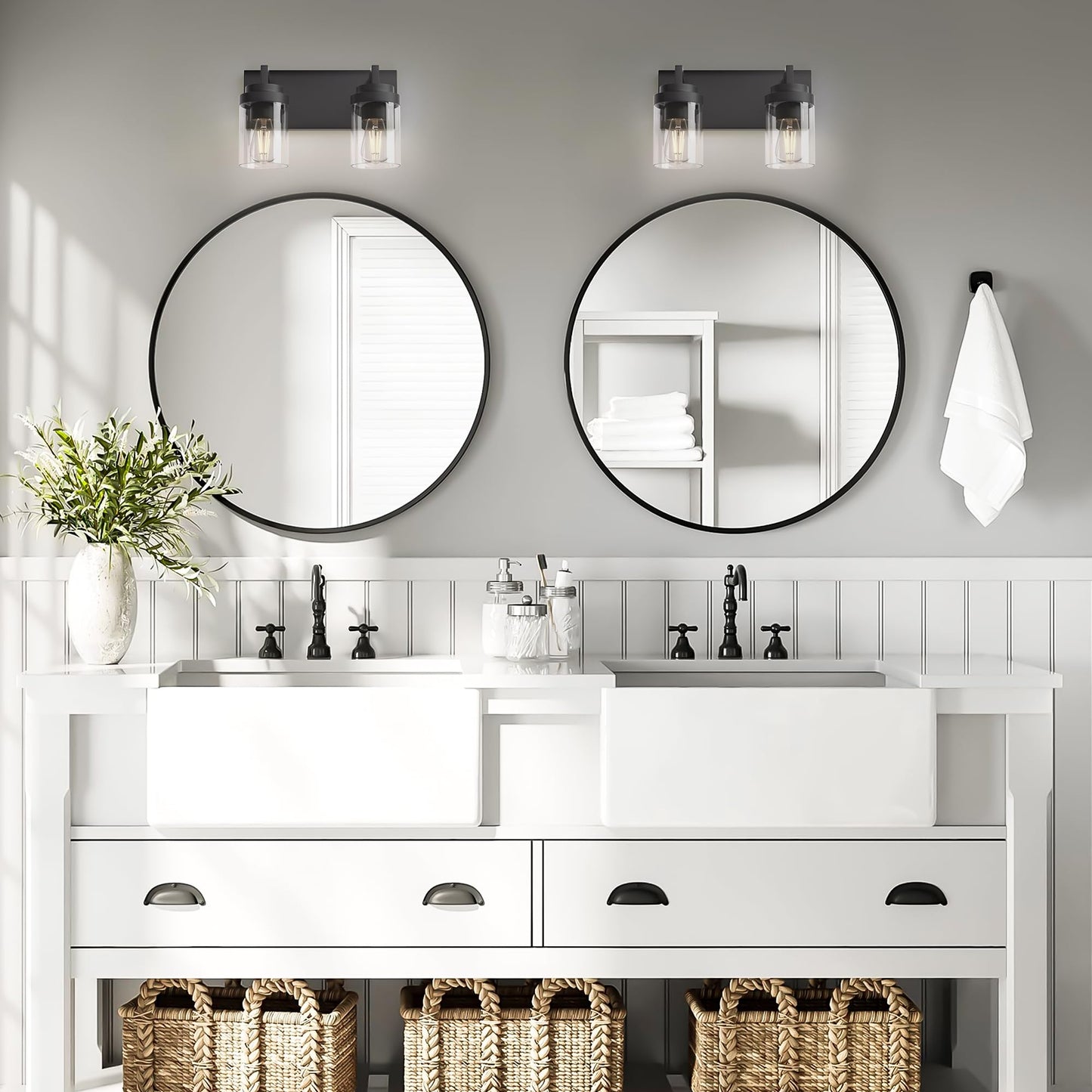 Espird Bathroom Vanity Fixtures, 2 Light Matte Black Vanity Light with Clear Glass Shade, 15in Farmhouse wall Light, Lighting Fixture Over Mirror for Bathroom