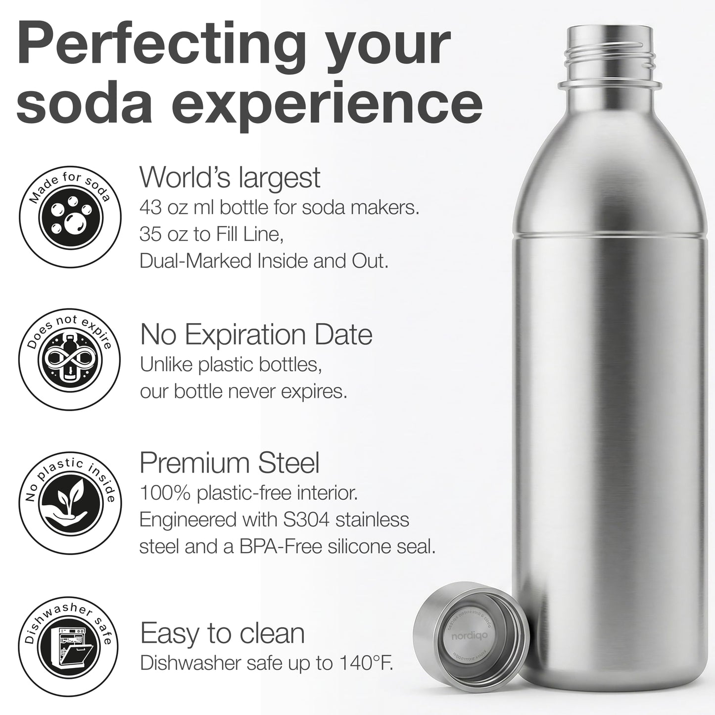 Nordiqo Stainless Steel Carbonating Bottle 43 oz | Compatible with Aarke Carbonator 3 (Not Pro) and SMEG Soda Makers | No Expiration date | Plastic-Free | Dishwasher Safe | Replacement Bottle
