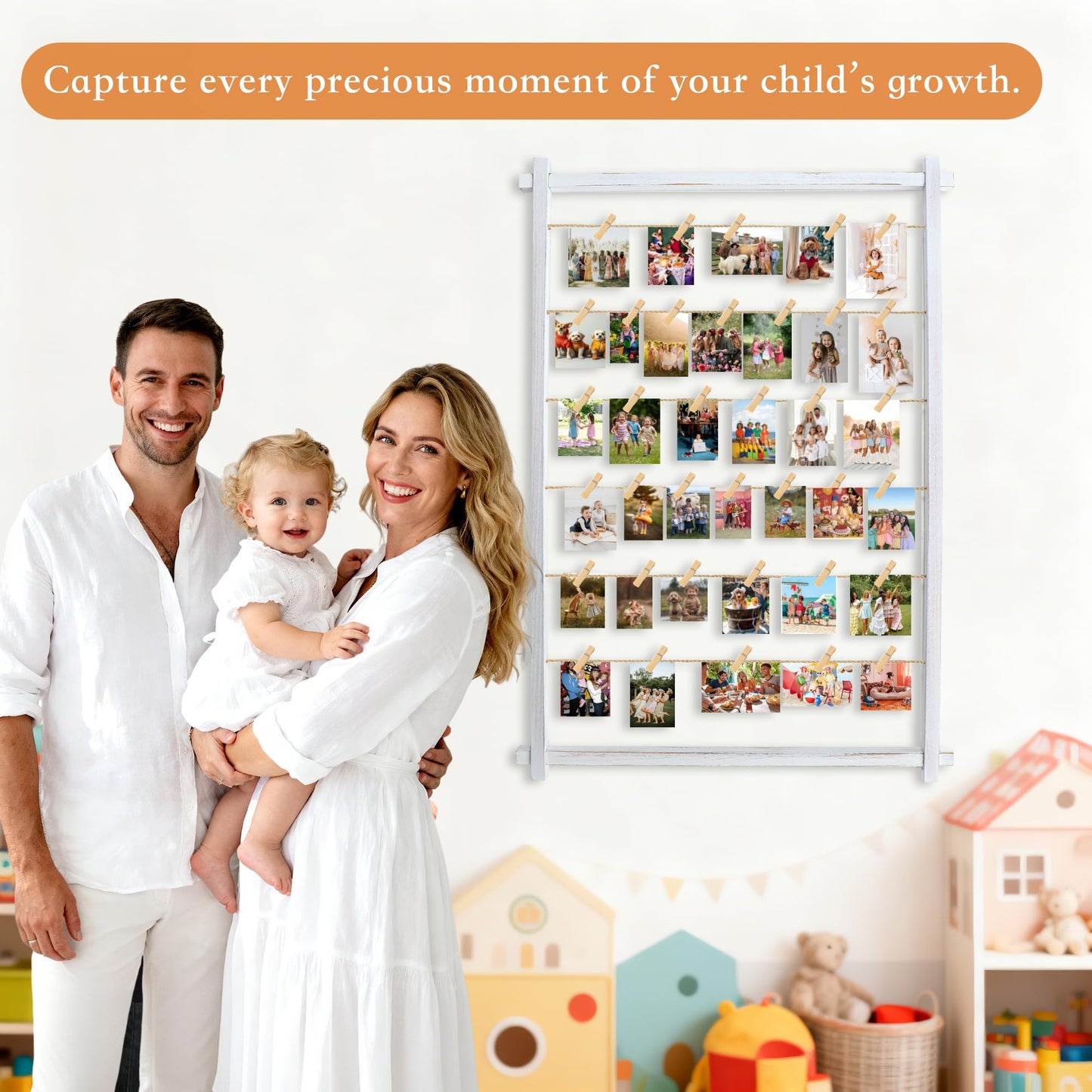 Collage Picture Frame,Photo Display Board with Clips,Hanging Pictures Frames Photos Wall Decor for Wedding Graduation Party Birthday Greeting Letter Christmas Cards Holder Organizer,39 inch(White)