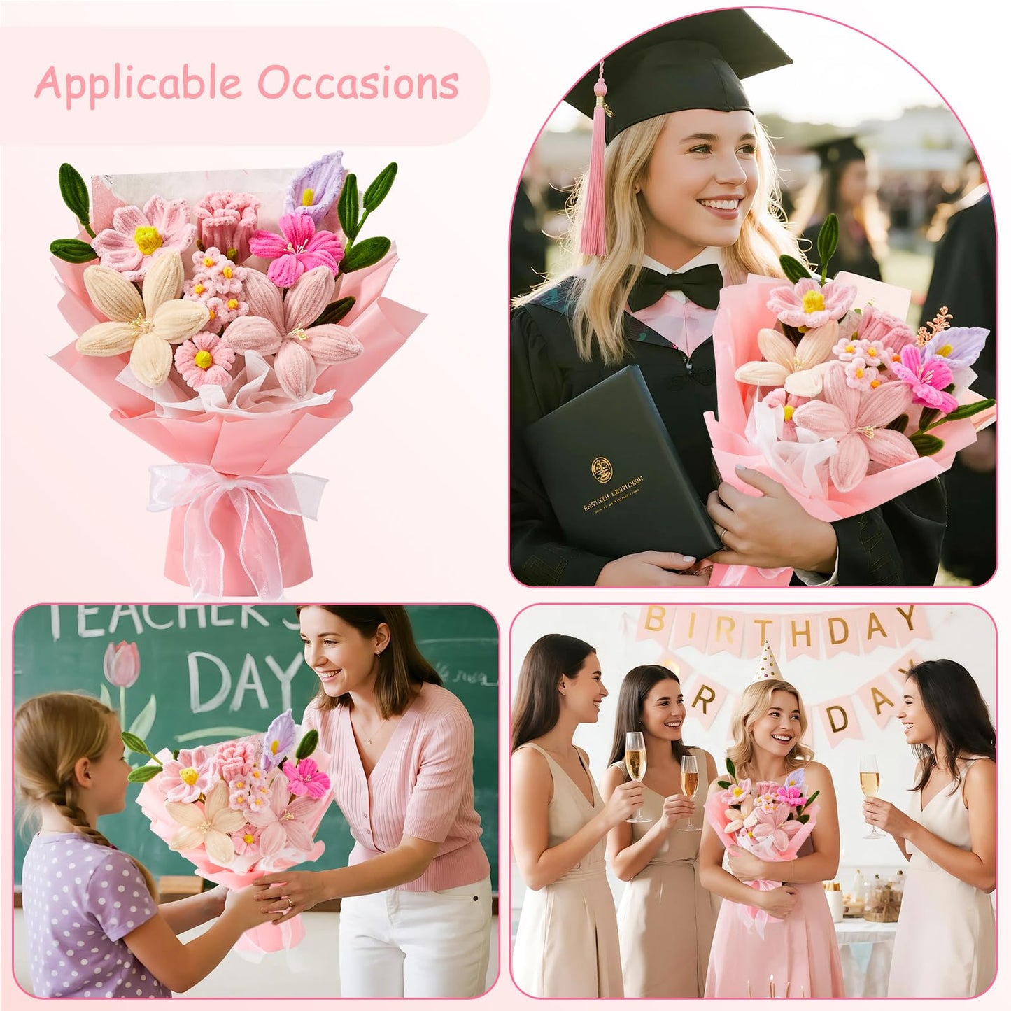 Faylifeway Pipe Cleaner Flower Bouquet Already Made, Pink Chenille Stem Flowers, Flower Bouquet for Mom Women, Birthday Anniversary Graduation Gift(Include Card)