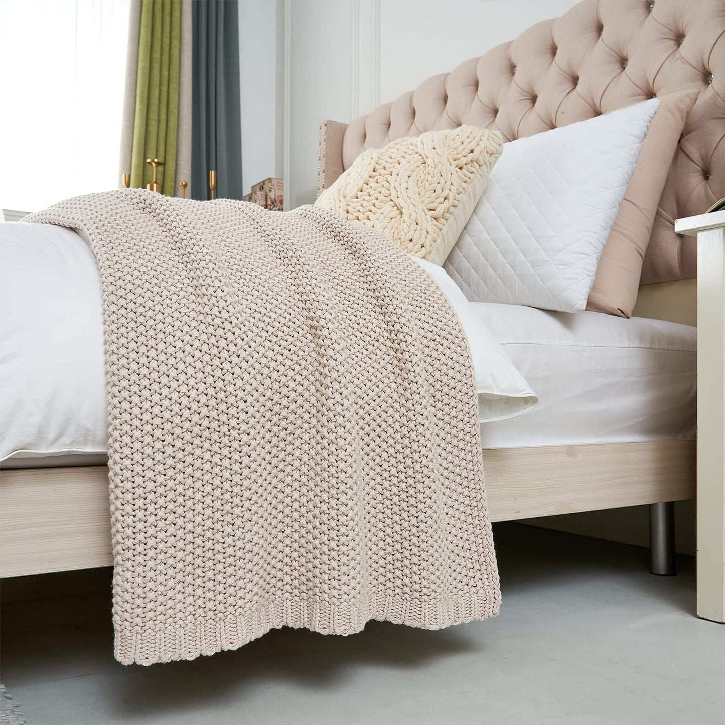 Chunky Cable Knit Throw Blanket Lightweight Beige 100% Organic Cotton Blanket for Sofa Couch Bed Baby Nursery, Rustic Shabby Chic Modern Farmhouse, 60” x 80”