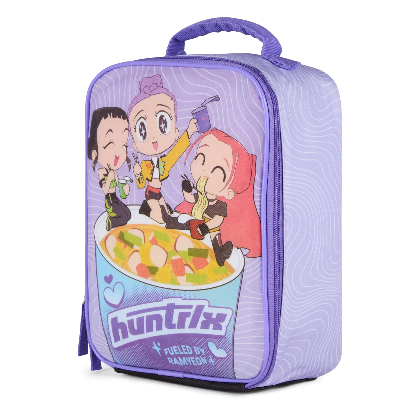 K-Pop Demon Hunters Huntrix Fueled by Ramyeon Lunch Box, Full Zip Around Insulated Lunch Tote Bag For Hot and Cold Food, Purple