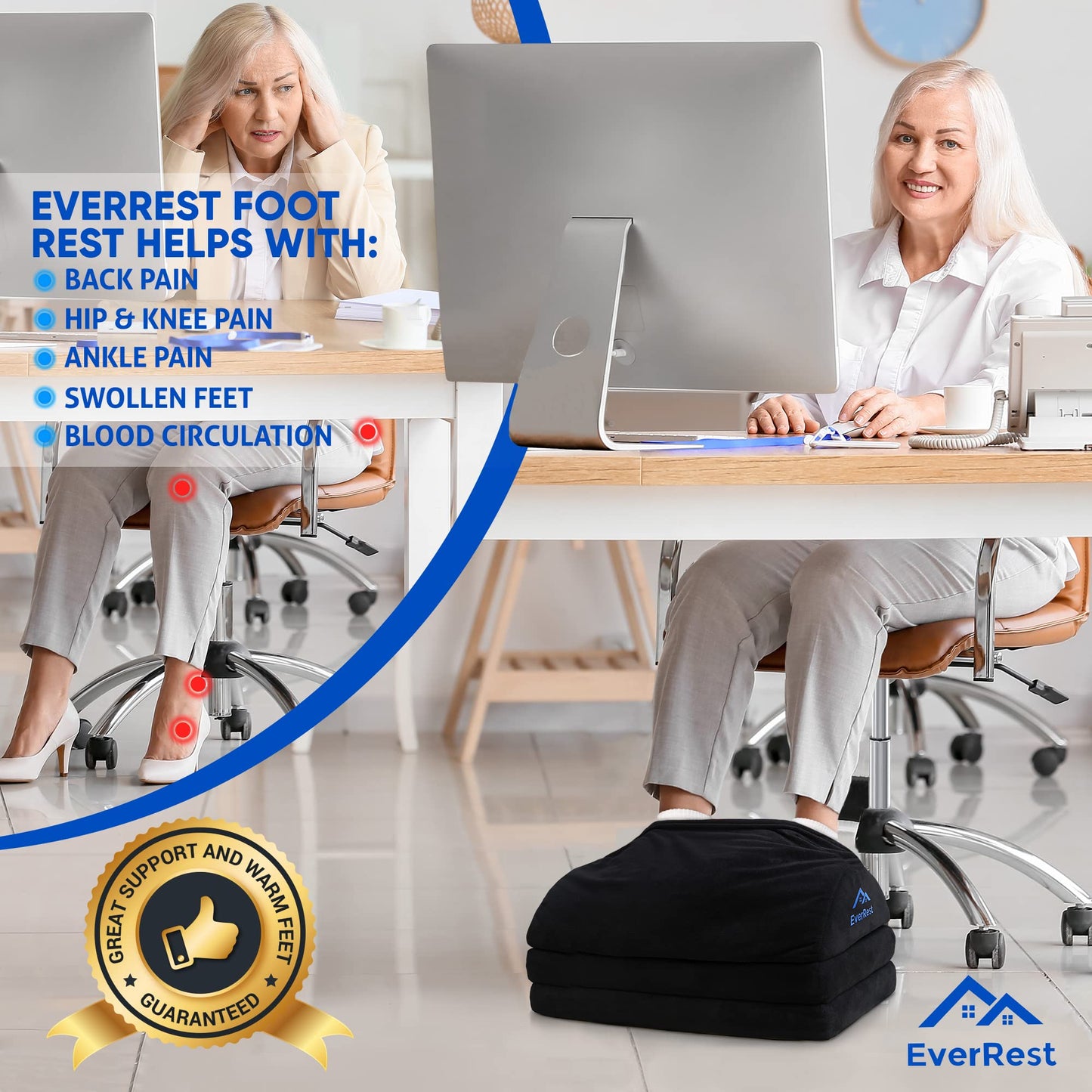EverRest Under Desk Footrest for Office Use - Warmer Feet, 3 Adjustable Heights - Tall Ergonomic Foot Rest Stool for Gaming Chair, Computer - Leg Support for Work from Home