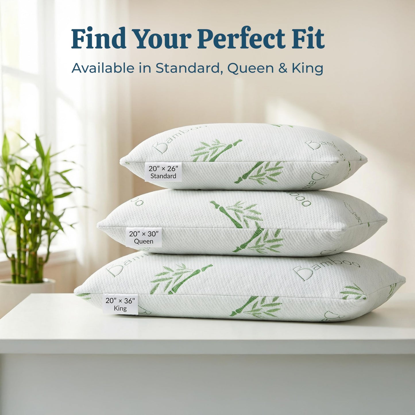 OMEO 2 Pack Standard Size Rayon Derived from Bamboo Pillow for Sleeping Shredded Memory Foam Bed Pillows for Side, Back and Stomach Sleepers, Soft, Cooling, Adjustable and Washable Cover 20" x 26"