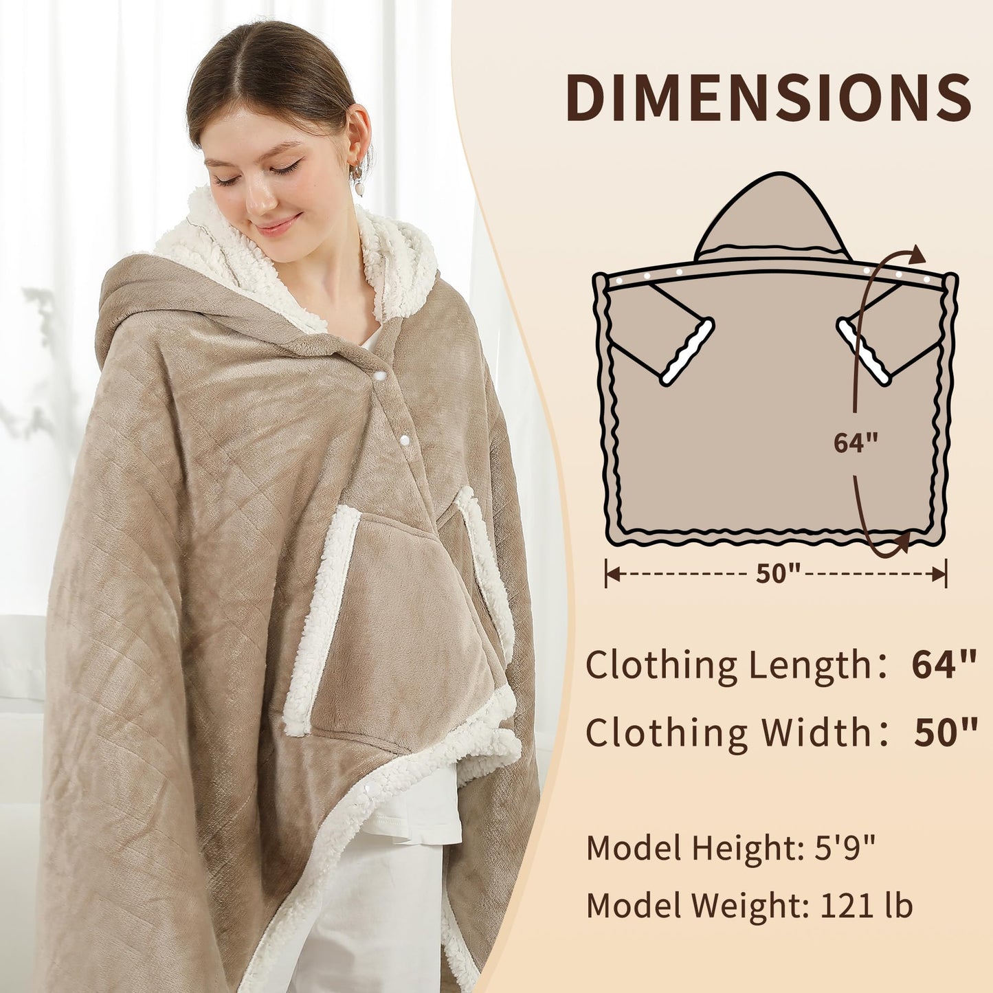 ESTINGO Wearable Heated Blanket Electric Throw, Heated Shawl with 6 Heating Levels and 1-4 Hours Auto Off, Heated Hoodie Women for Mom Women Seniors Grandma 50"×64" Light Beige