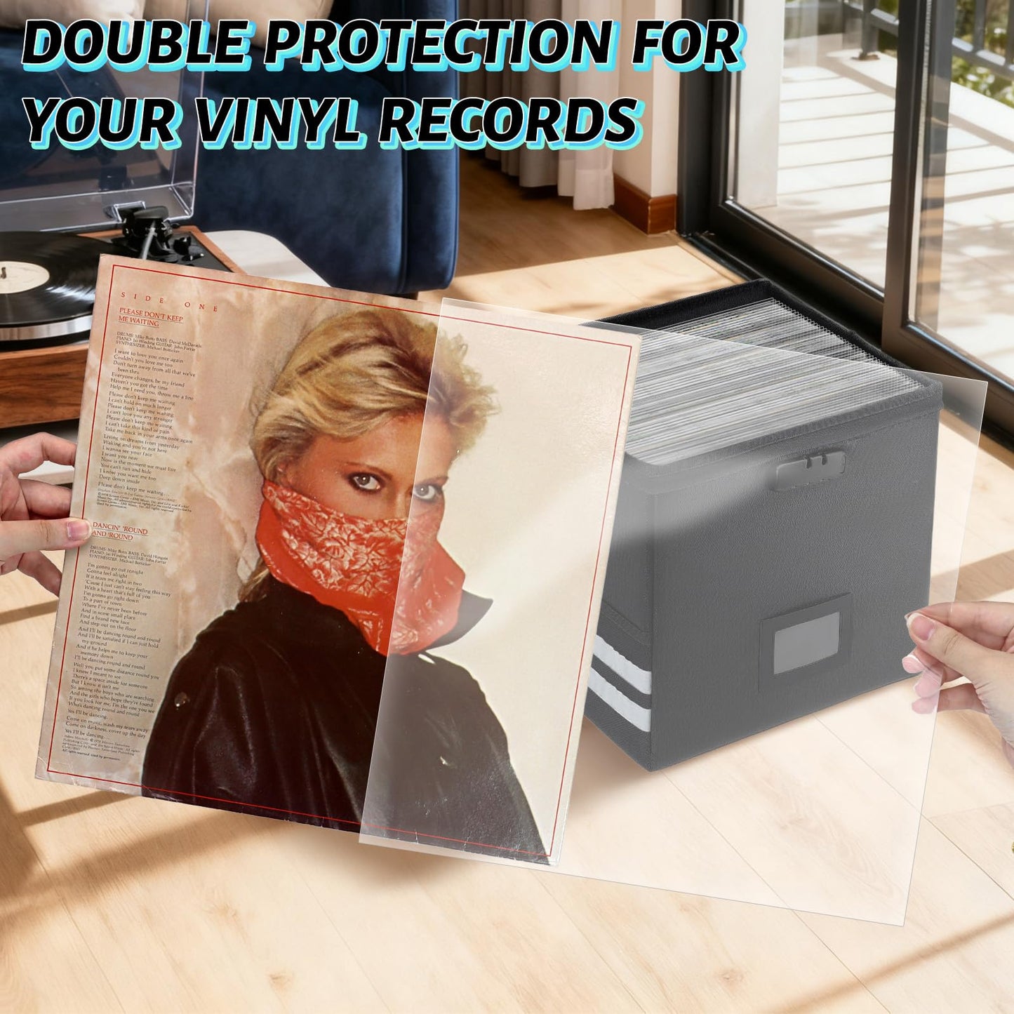 Vinyl Record Storage with 100 Record Sleeves, Fireproof & Water Resistant Record Organizer Box with Lock, Wrinkle-Free Vinyl Clear Sleeves Outer Protective Kits Covers 12.75" Albums 3 Mil Thick