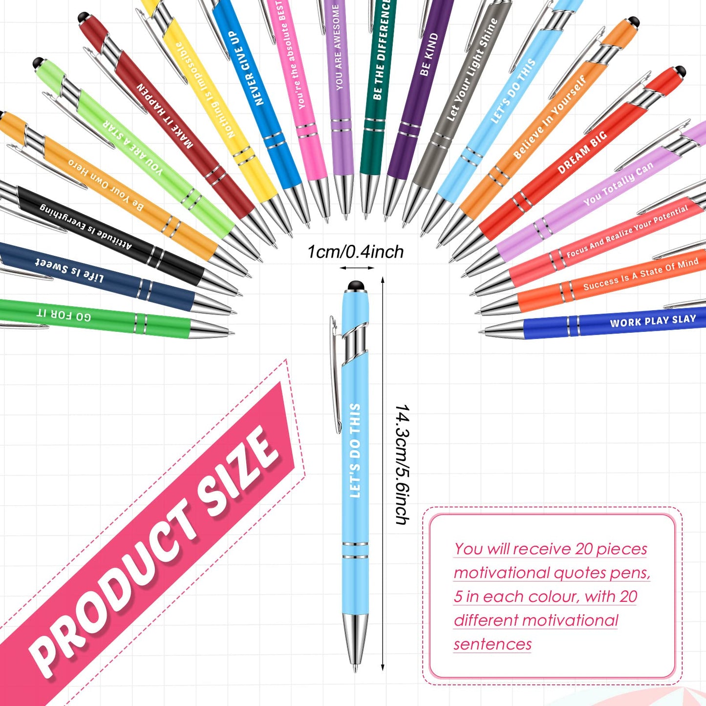 Lounsweer 100 Pieces Inspirational Ballpoint Pens with Motivational Messages, 20 Colors, 1mm Black Ink, Stylus Tip, Fun and Encouraging Gifts for Teachers, Students, Office and School Supplies