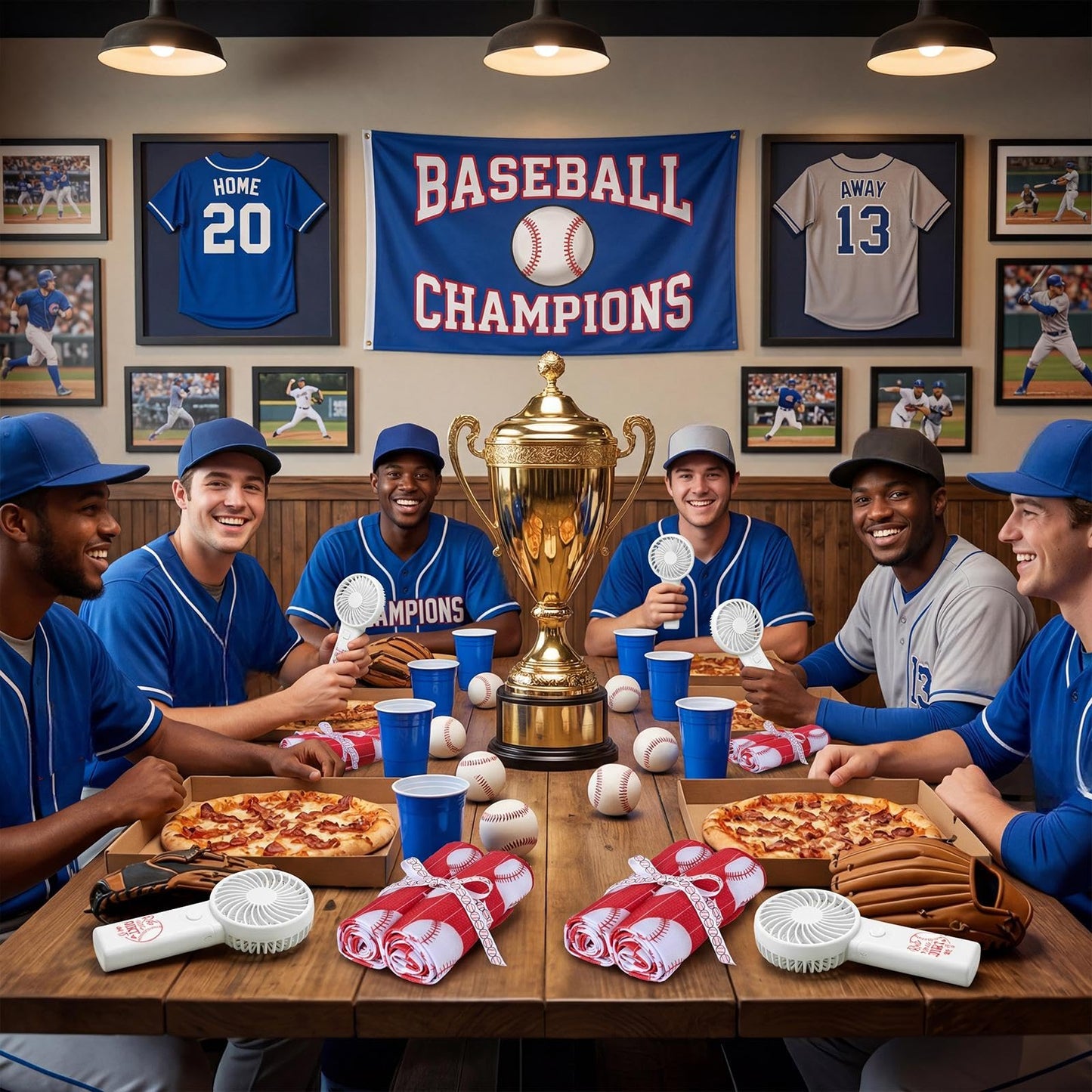 VIHOSE 12 Sets End of Season Baseball Team Gifts Sets Includes Portable Mini Handheld Fans Cooling Towels and Baseball Ribbons Bulk for Sports Event Party Favors, Team Players, Coaches, Fans