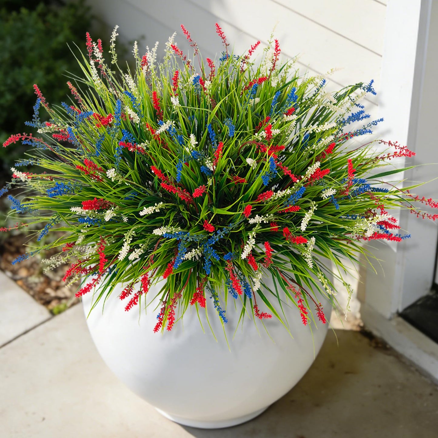 Ammyoo Artificial Faux Plants for Outdoor Spring Decoration, 12 Pcs Fake Monkey Grass for Garden Porch Balcony Planters, Fake Flowers Shrubs UV Resistant No Fade Plants Greenery Bush (Red Blue White)