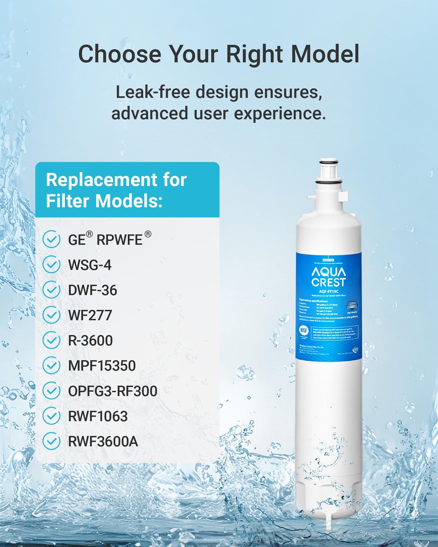 AQUA CREST AQF-FF19C Replacement for GE® RPWFE®, RPWF (with CHIP) Refrigerator Water Filter, Compatible with GYE22HMKES, GYS22GMNES, GYE22HBLTS, DFE28JSKSS, GFE28HMHES, GNE29GYNFS, GFE28GYNFS