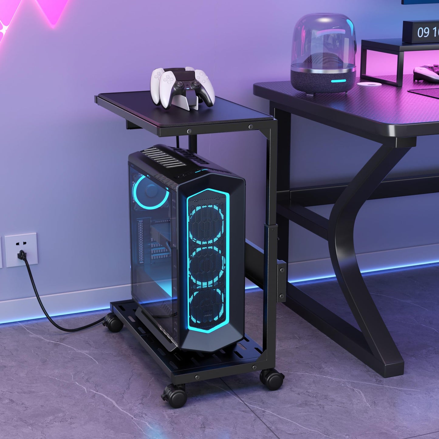 Aquzee PC Stand, Adjustable Computer Tower Stand on Wheels, Heavy Duty Metal Computer Case Cart with Power Strip, Under Desk Rolling PC Holder for Floor Carpet, Gaming Home Office Bedroom, Black