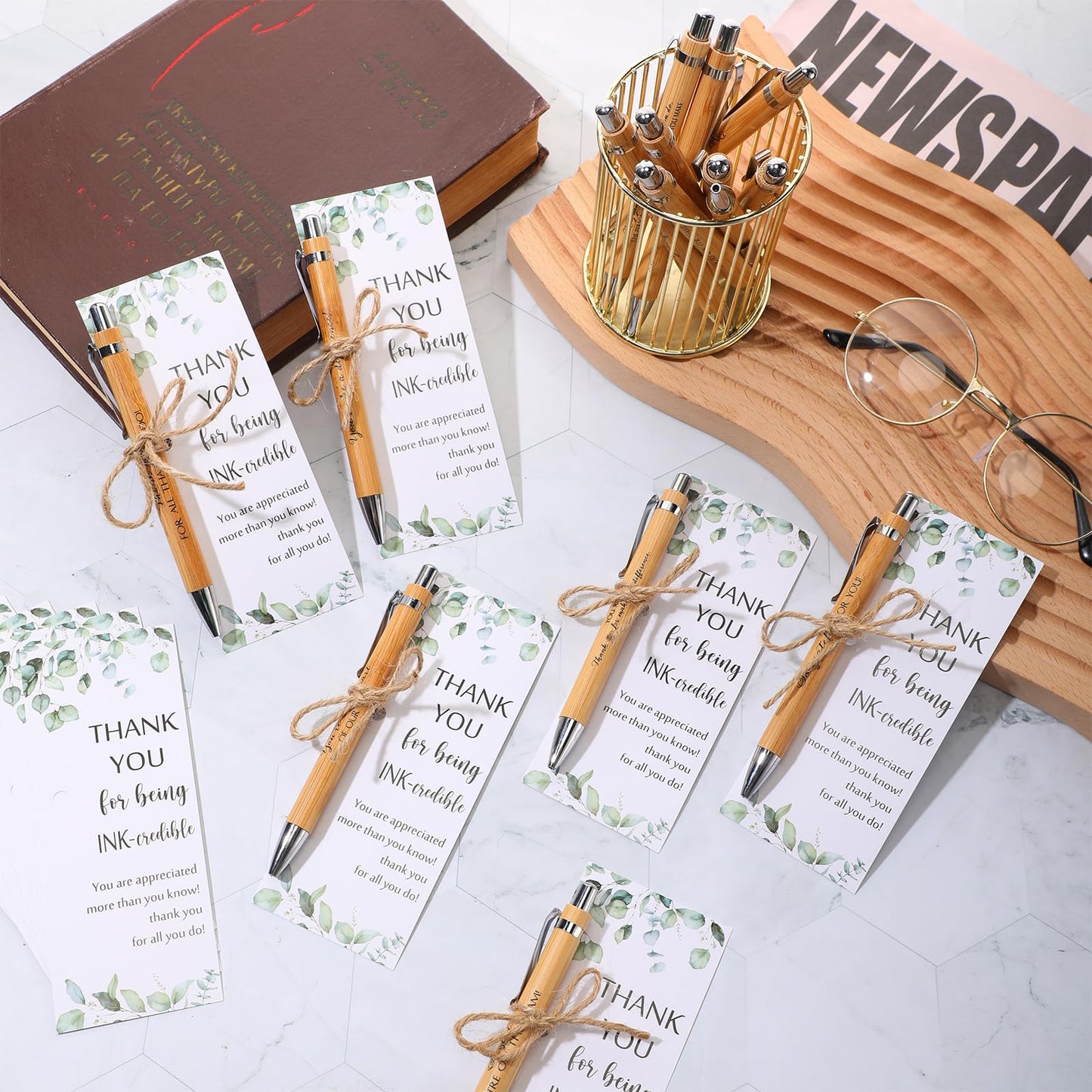Fulmoon 120 Set Employee Appreciation Gifts Includes Thank You Wood Bamboo Pen May You Be Proud Sign Ballpoint Pen Employee Appreciation Bookmark Card for Graduation Teacher Coworker Team Staff