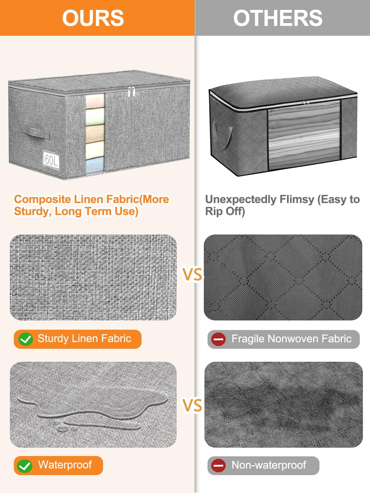 boailydi 60L Blanket/Comforter Storage Bag w/Rigid Side & Bottom Support, Stackable Clothes Storage Bin for Sweaters Bedding Sets Quilts Pillows, Closet Organizer, 21.7x14.2x11.8in, 2 Pack, Gray