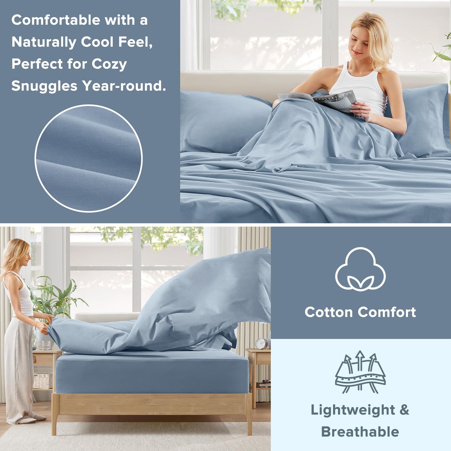 Comfort Spaces 100% Cotton Sheet Set Breathable, Lightweight, Soft with 12" Elastic Pocket Fits up to 14" Mattress, All Season Cozy Bedding, Matching Pillow Case, Twin Blue 3 Piece