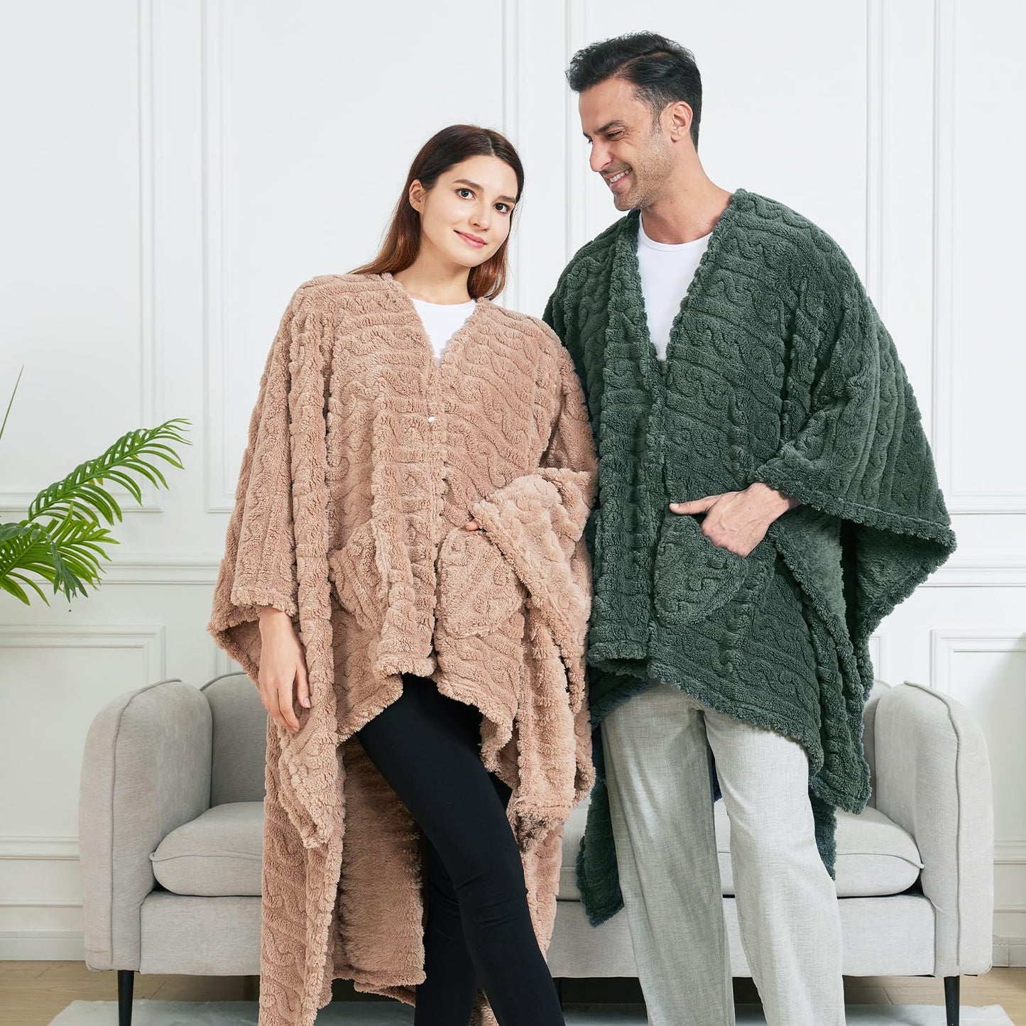 Mowkim Wearable Blanket Sherpa Fleece Shawl Blanket with Pockets for Adults Women and Men, Cozy Shawl TV Throw Blankets (Green, 58'' x 64'')