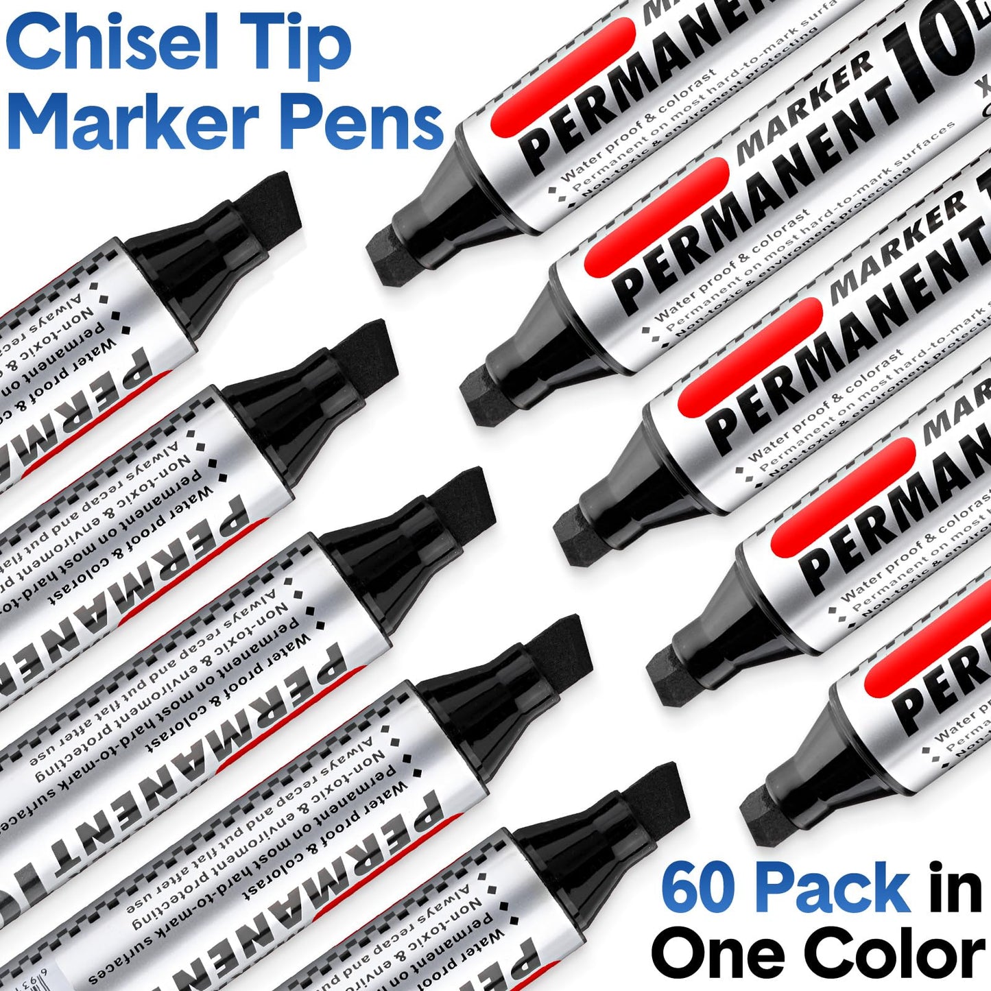 Thenshop 60 Pcs Jumbo Permanent Markers Bulk 10mm Chisel Tip Black Thick Permanent Markers Set Waterproof Jumbo Marker for Industrial Use Work on Wood Metal Glass Window Car Glass Paint Pen