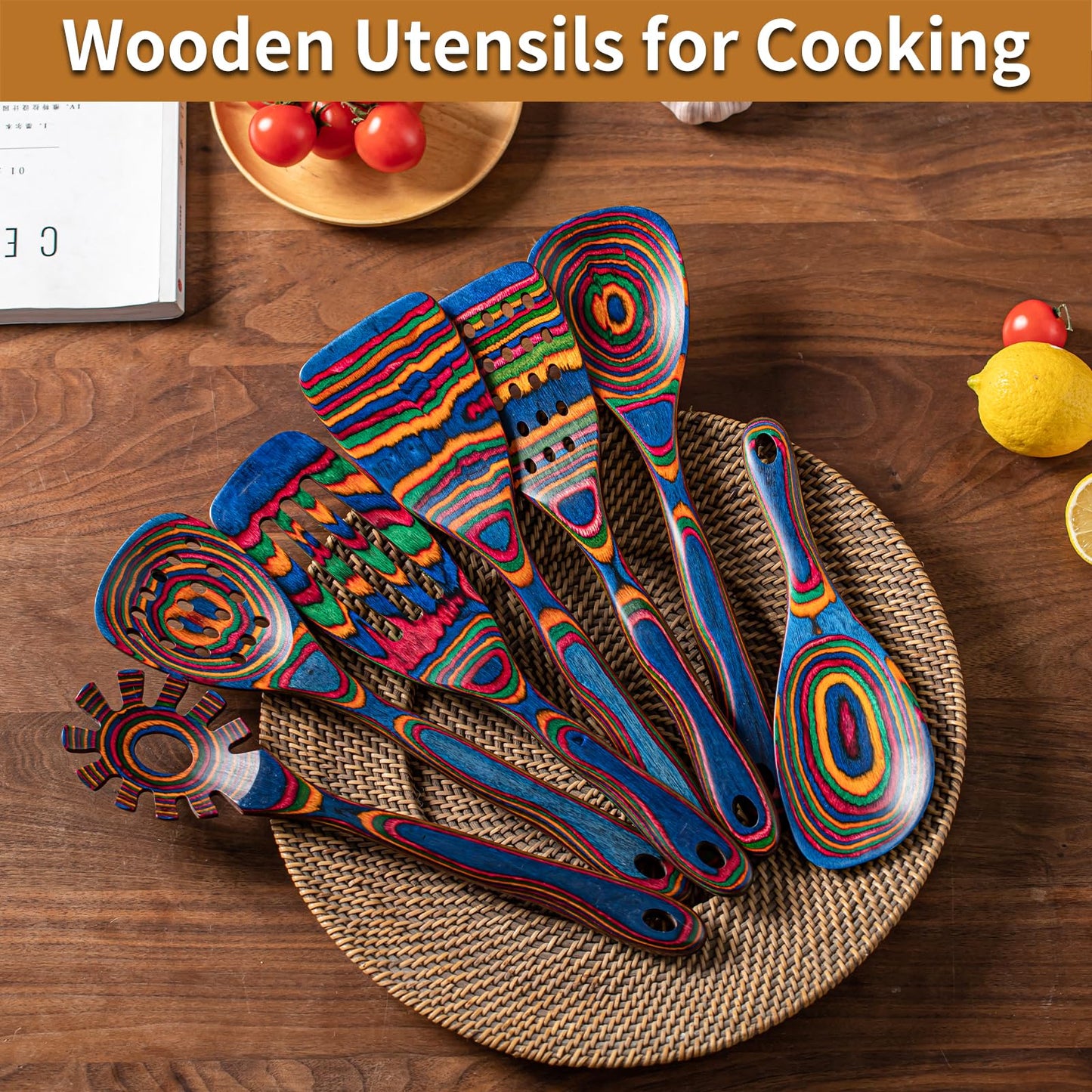 Gudamaye Pakka wood 7-Piece Blue Wooden Cooking Utensils, Wooden Spoons for Cooking, Wooden Spoon Set, Wooden Kitchen Utensil set, Pakkawood Cooking Spoons, Non-Stick Spoon,Pakkawood kitchen utensils