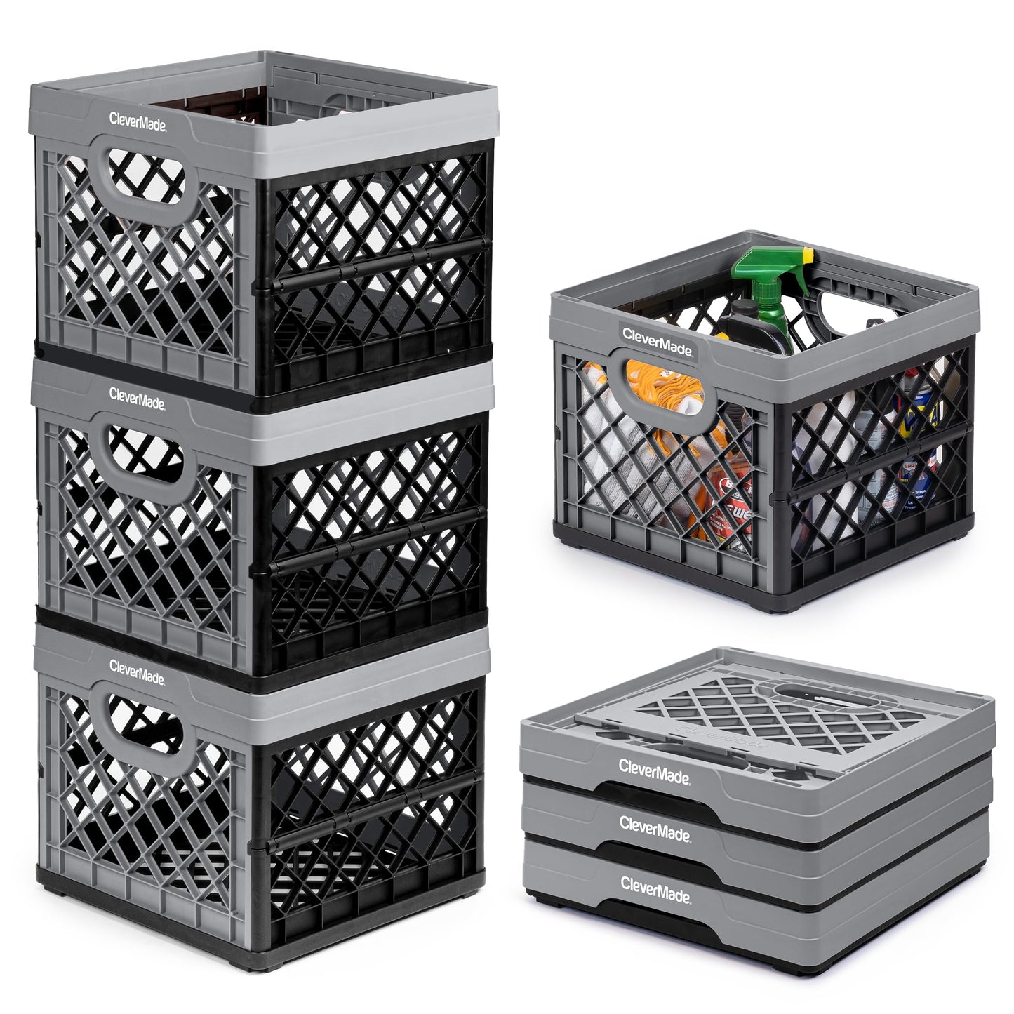 CleverMade Collapsible Milk Crate 25L (6.6 Gal) 3 Pack, 50 lb Capacity Heavy Duty Folding Crate – Stackable Storage Crates with File Rails, Plastic Collapsible Crates - Stone