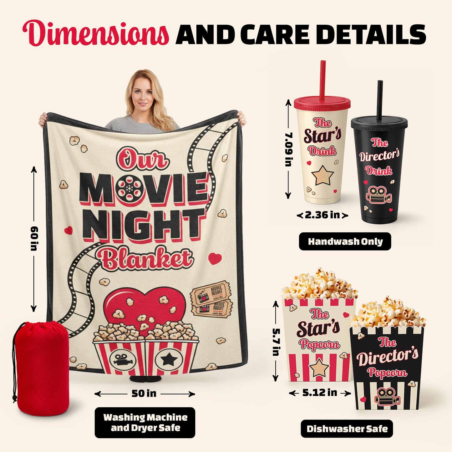 Movie Night Date Night Box for Couples, Perfect Valentines Day Gifts with Couples Blanket, Popcorn Bowl Buckets, Re-usable Cups, Date Night Generator Cards, Movie Genre Dice, Gifts for Movie Lovers