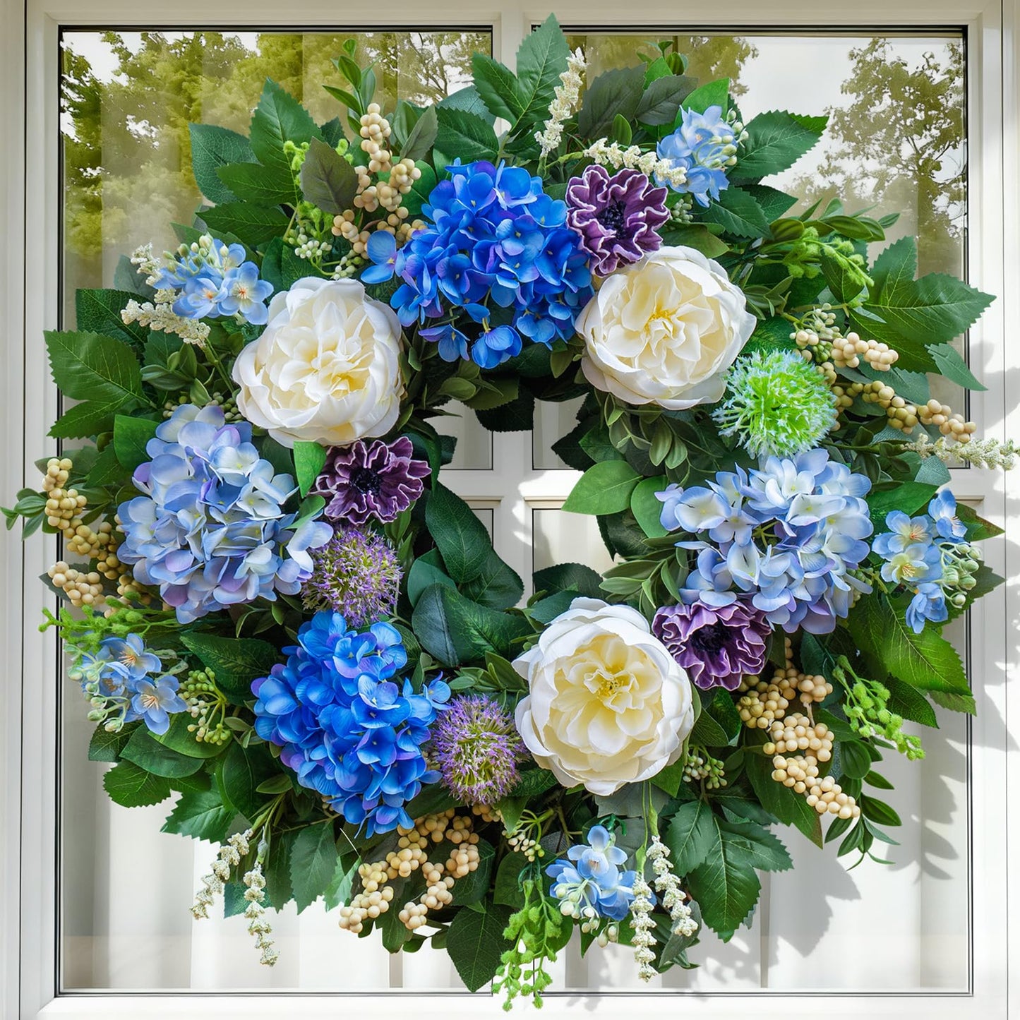 Pinkpuii 26 Inch Spring Wreaths for Front Door Outside– Large Artificial Summer Wreath with Blue Hydrangea, White Peony Flowers and Eucalyptus Leaves– Indoor Outdoor Porch Farmhouse Home Wall Décor