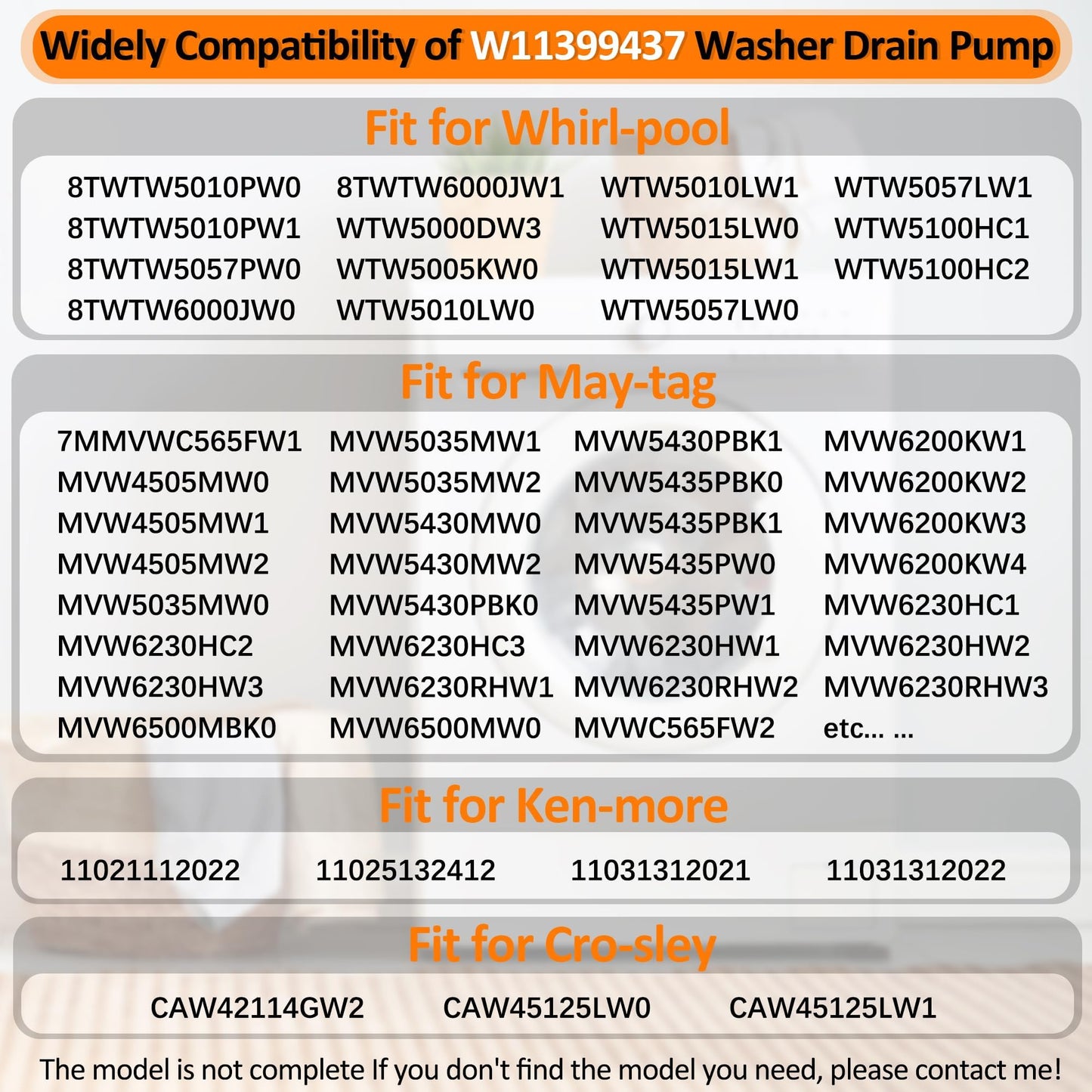 WTW5057LW0 WTW5105HC2 B25-3A04 W11399437 W11259498 Washer Drain Pump Replaces 4961028 AP6974144 PS12731241 EAP12731241 Fit for May-tag Whirl-pool Washing Machines