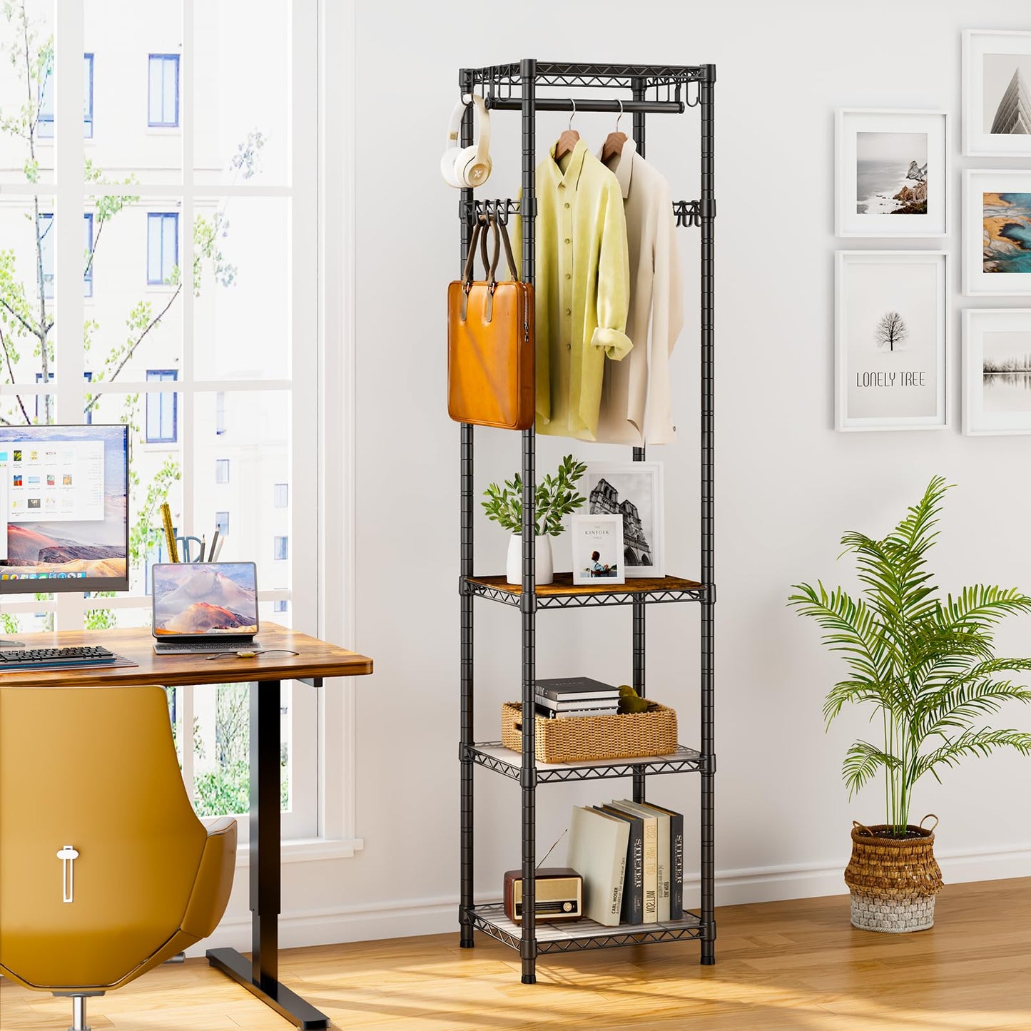 Roxibelt R1 Clothes Rack Heavy Duty, Clothing Racks for Hanging Clothes, Garment Rack with Storage Shelves, Small Coat Rack Freestanding for Entryway, Hallway, Bedroom, Max Load 448 Lbs, Black