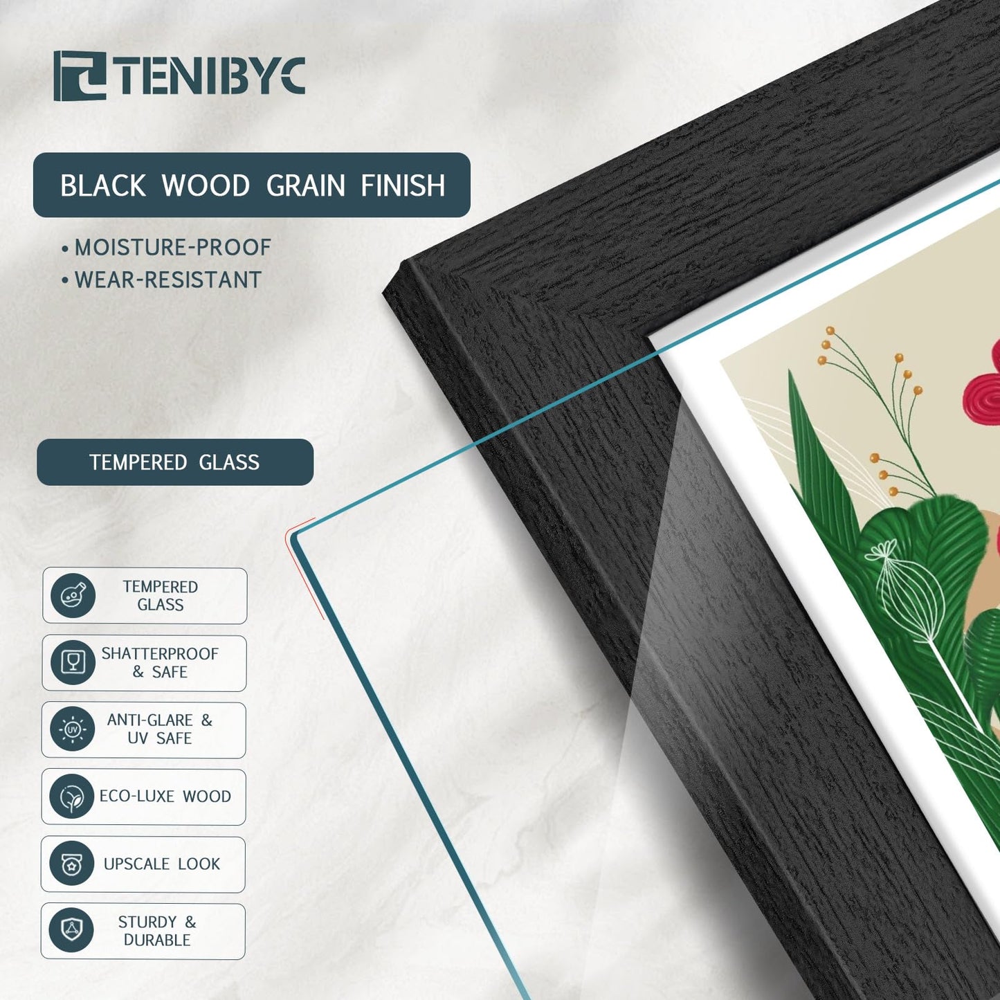 TENIBYC 8x10 Picture Frame 4 Pack, Black Wooden Textured, HD Tempered Glass, Gallery Photo Frame, Table or Wall Display