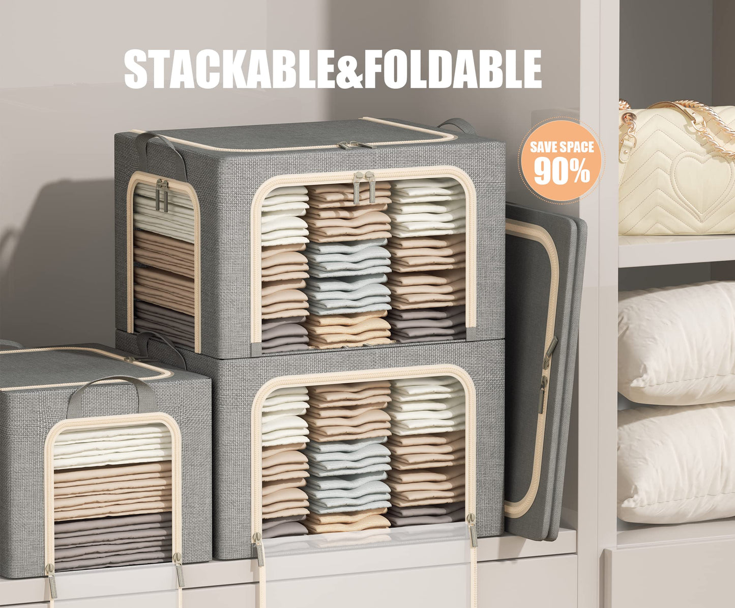 3 Opeings Large Clothes Storage Bins with Metal Frame, Foldable Storage Bin for Clothes, Clothing Storage Bins with Lid, Linen Storage Box With Clear Window＆ Zippers＆ Handles.(3 Pcs,Light Grey,66L)