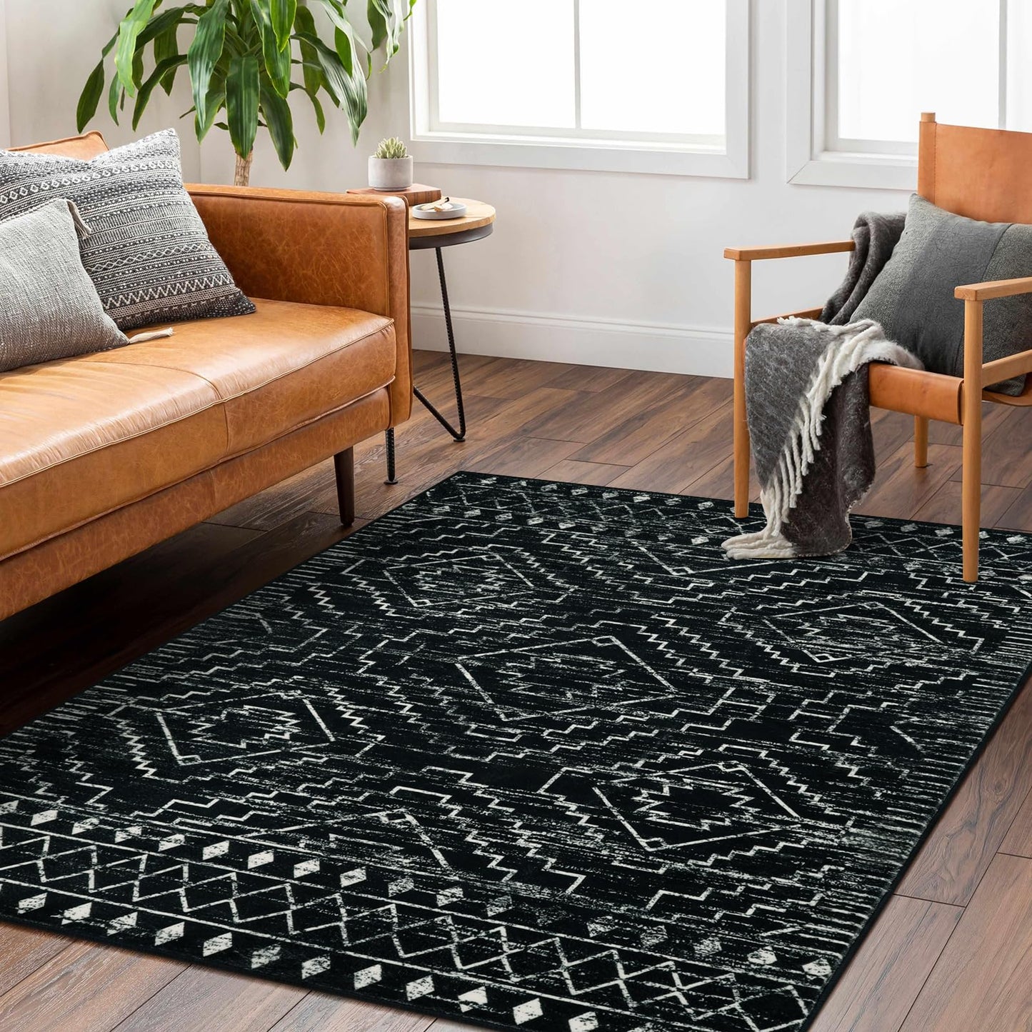 Wonnitar Moroccan Washable Rug 4x6, Black Boho Living Room Area Rug, Non-Slip Farmhouse Bedroom Carpet Dorm Room Throw Rug, Low Pile Soft Accent Mat for Kitchen Entry Office (Black,4'x6')