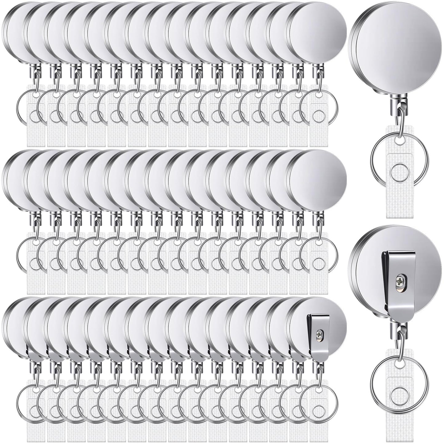 Leelosp Heavy Duty Retractable Badge Holder Reel Metal ID Badge Holder with Belt Clip Keyring Retractable Clip Bulk Card for Work Employee Doctor Nurse Gifts(Glossy Silver,50 Pack)