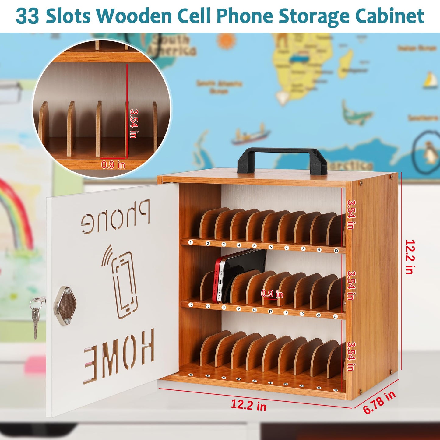Loghot Wooden Cell Phone Storage Cabinet, Adjustable Dividers Cell Phone Locker with Security Lock & Handle, Desktop Phone Organizer for Classroom, Office & Repair Shops (Cherry, 33 Slots)