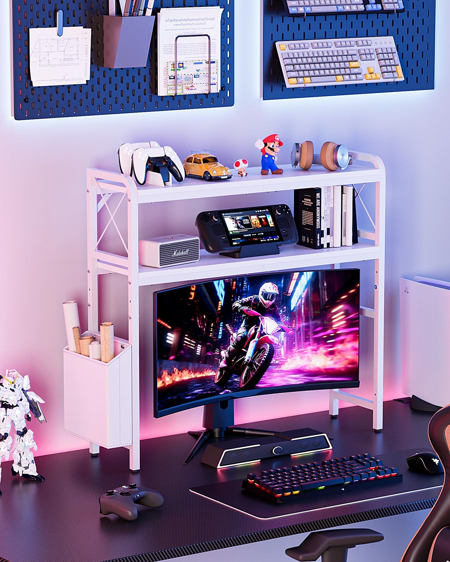 VERSASKY Desktop Shelves, Monitor Stand with Adjustable Shelves and Side Pockets, 2-Tier Desktop Bookshelf Organizer, Large Capacity Display Shelf Rack, Desk Hutch for Home Office, Study Room, White