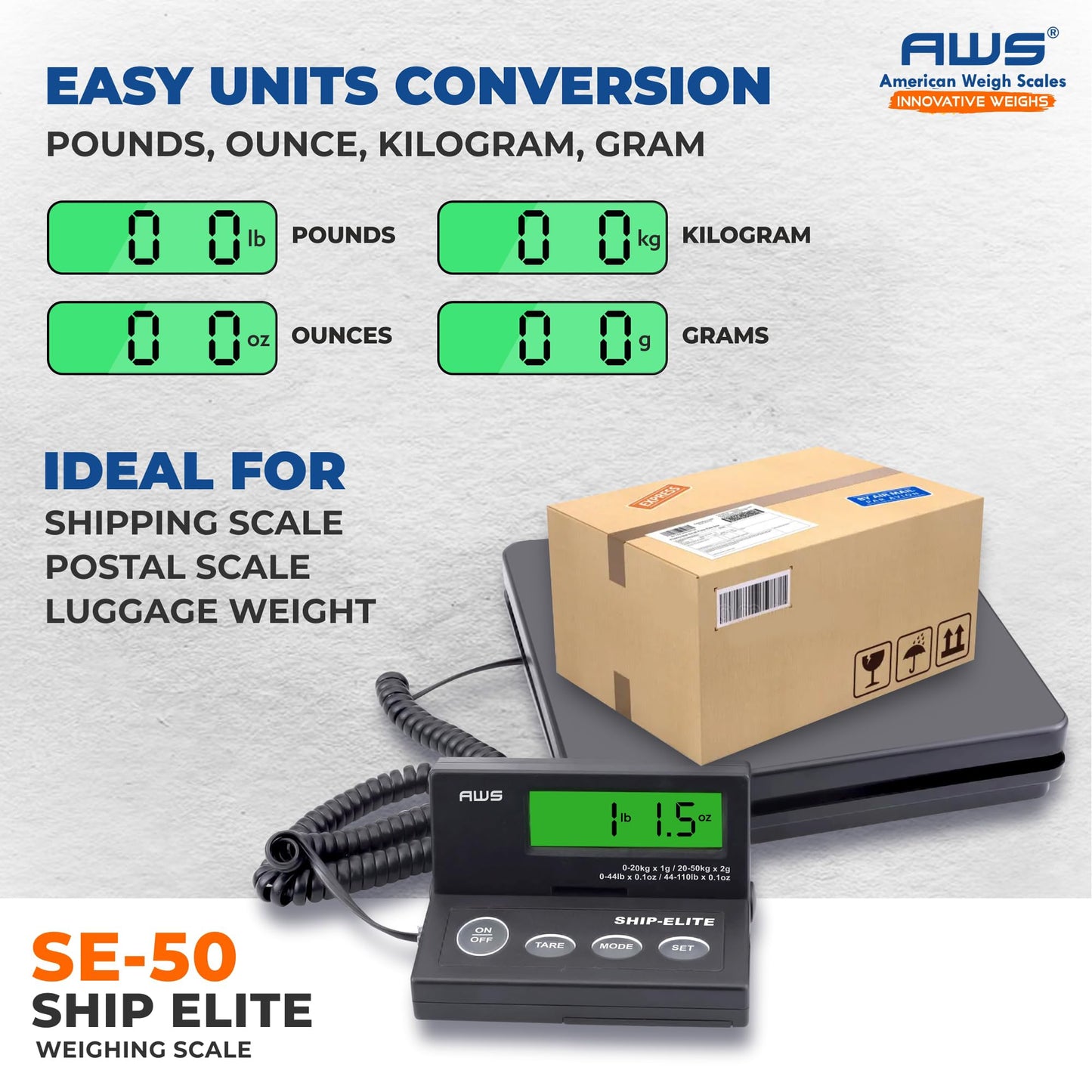 American Weigh Scales Digital Shipping Scale | Highly Accurate Multifunctional Postal Package & Luggage Weighing Scale | 110 lbs x 0.1 oz | Backlit LCD | Battery & AC Adapter | Compact Platform
