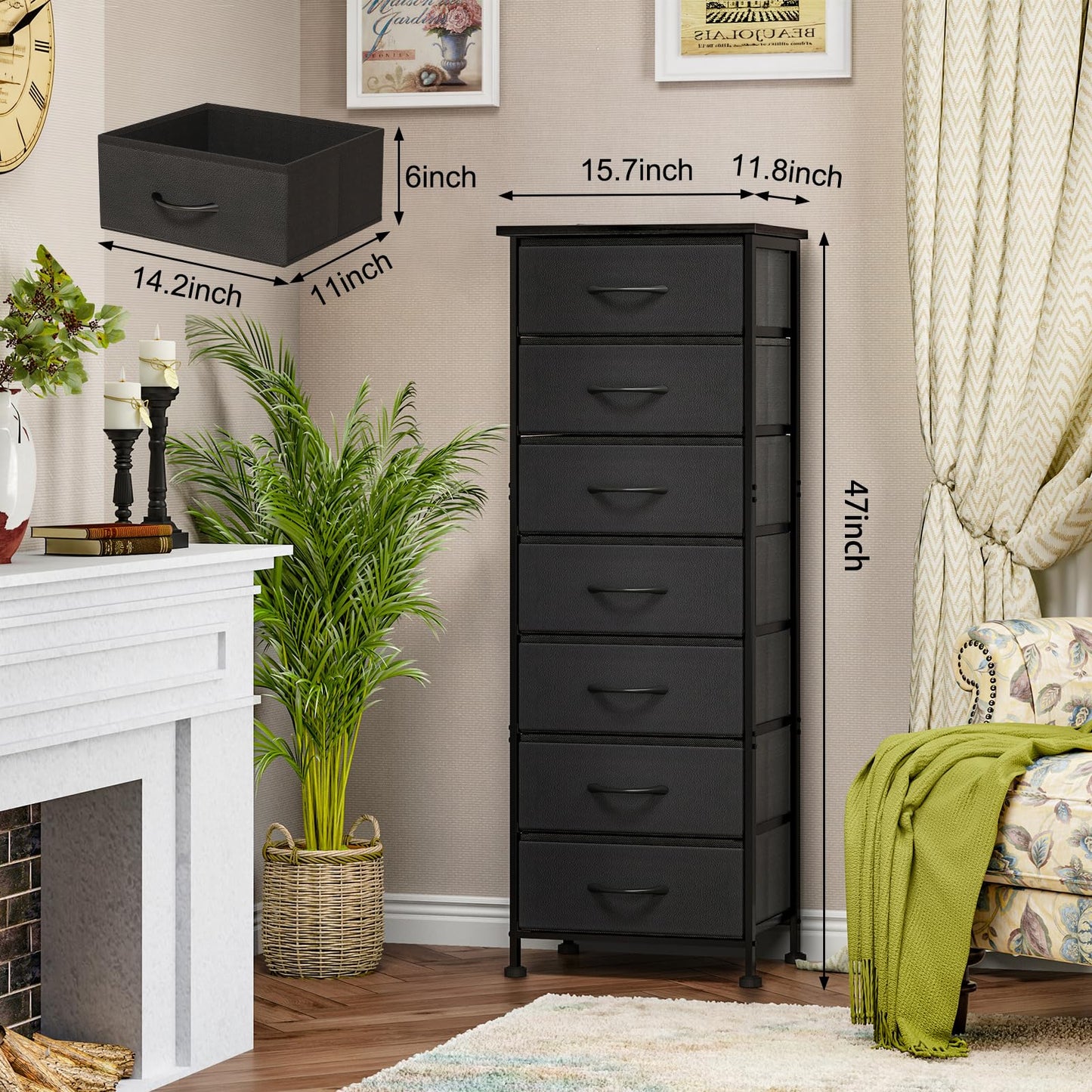 Fixwal Black Tall Skinny Dresser for Bedroom, Narrow Storage Dresser Organizer with 7 Fabric Drawers, Nightstand Furniture in Closet, Entryway, Hallway