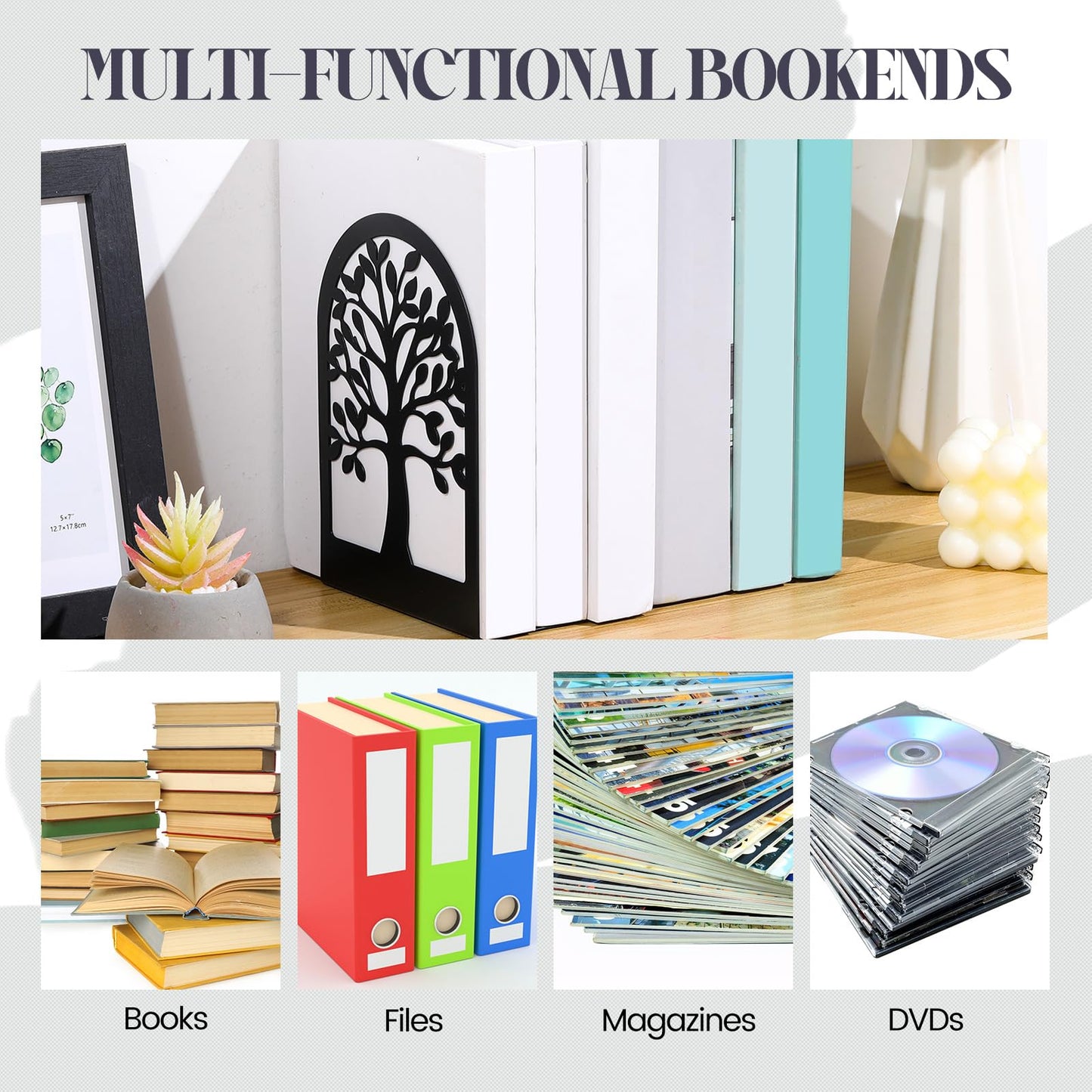 Feifeiya 6 Pairs Decorative Book Ends Metal Bookends for Shelves Black Metal Heavy Duty Book Ends Holder Supports Stoppers for Home Office School, 6.9x4.9x3.5”(Tree and Flower)