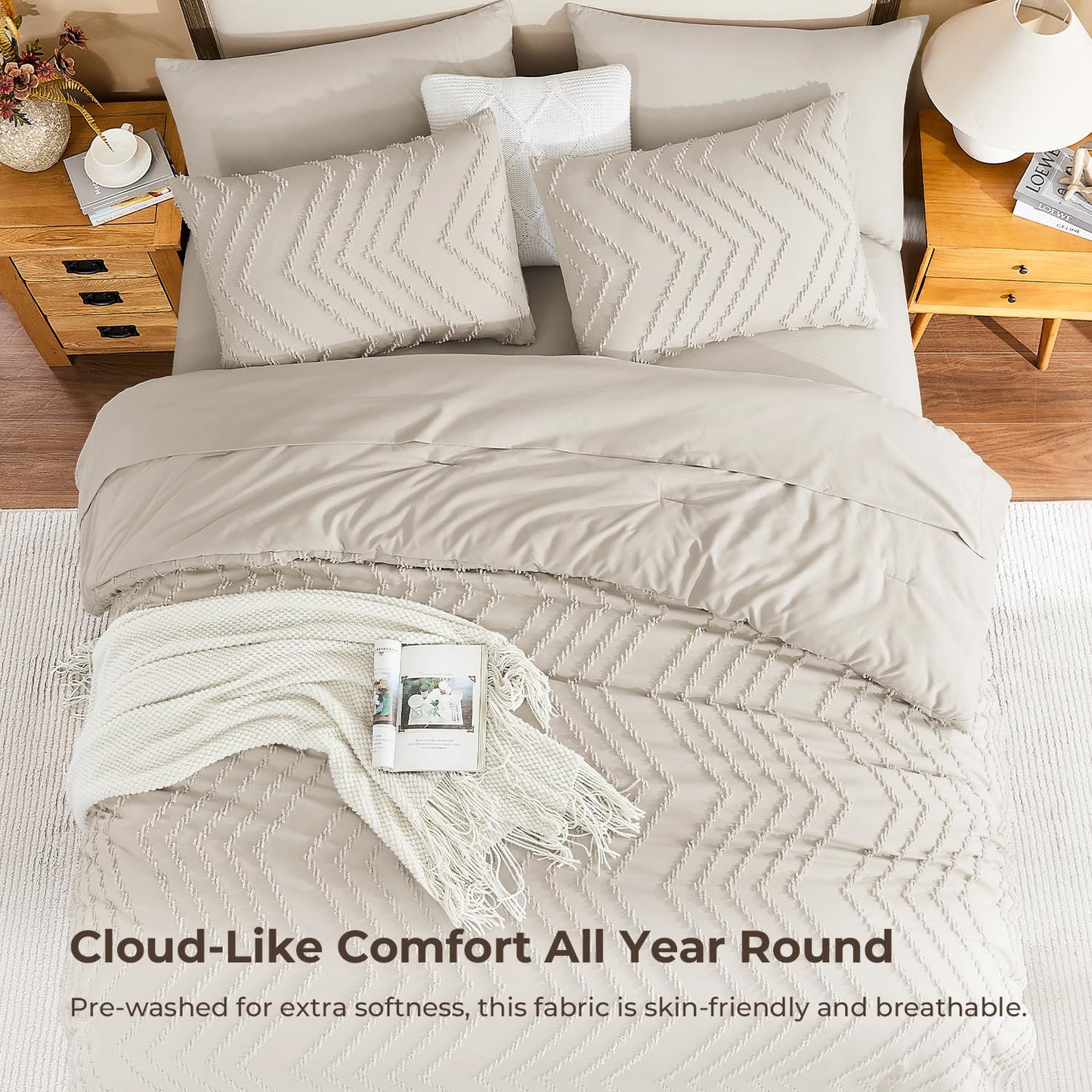 Litanika King Size Comforter Set with Sheets Beige - 7 Pieces Bed in a Bag King Chevron Tufted Boho Luxury Bedding Sets with Comforter, Sheets, Pillowcases & Shams