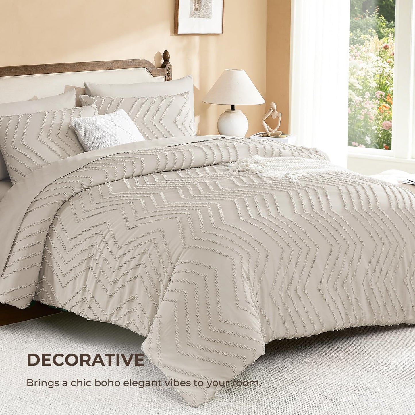 Litanika King Size Comforter Set with Sheets Beige - 7 Pieces Bed in a Bag King Chevron Tufted Boho Luxury Bedding Sets with Comforter, Sheets, Pillowcases & Shams