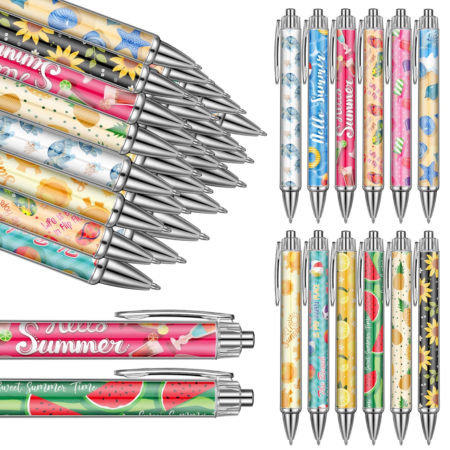 Chiisong 120 Pcs Summer Pens Retractable Hawaiian Theme Cute Ballpoint Pens Comfortable Writing Black Ink Medium Point 1mm for Pretty Journaling Men Women School Office Supplies Party Gifts
