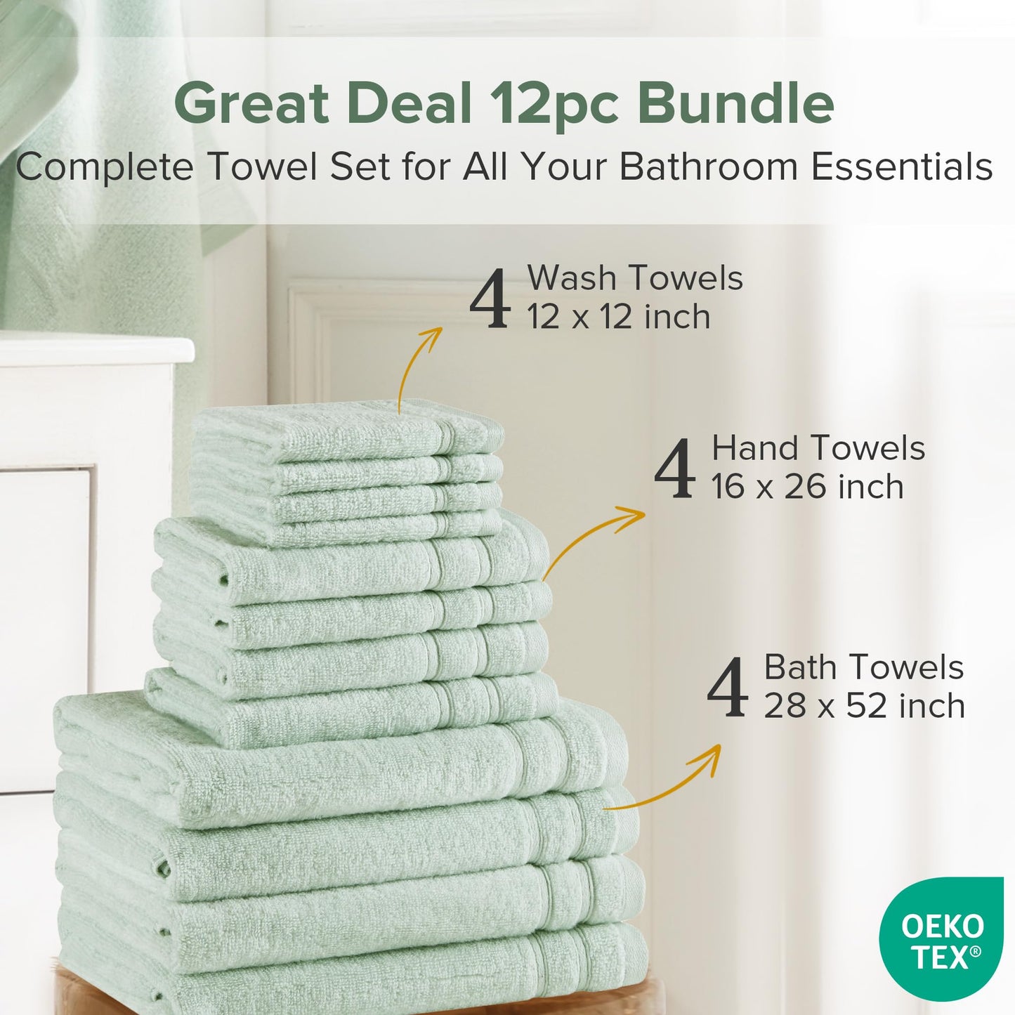 Comfort Spaces Luxury Bath Towel Set of 12 - 4 Large, 4 Hand, 4 Washcloths, 100% Cotton Quick Dry, Zero Twist, Soft Lightweight, Seafoam Green