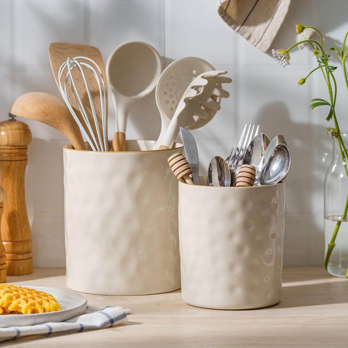 famiware Ocean Utensil Holder, 7.2"+5.8" Ceramic Kitchen Utensil Holder for Countertop, Cooking Utensil Crocks, Utensil Organizer for Spatula & Spoon, Kitchen Decor, Set of 2, Vanilla White