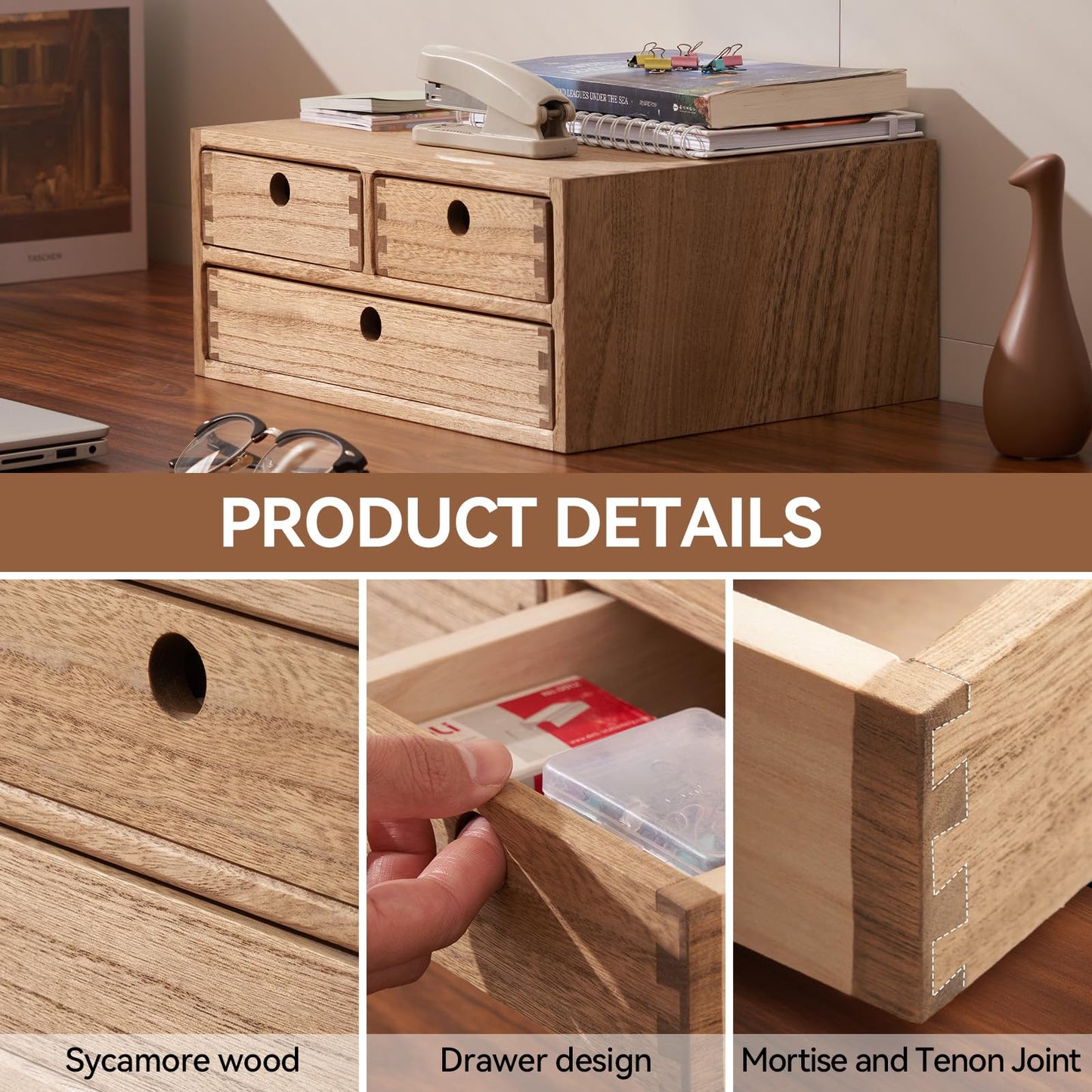 KIRIGEN Solid Wood Desktop Organizer with 3 Drawers - Multi-Layer Office Supplies Storage Rack for Documents, Stationery, Jewelry - Natural Wooden Desk Shelf Organizer Brown WJG23-DBR