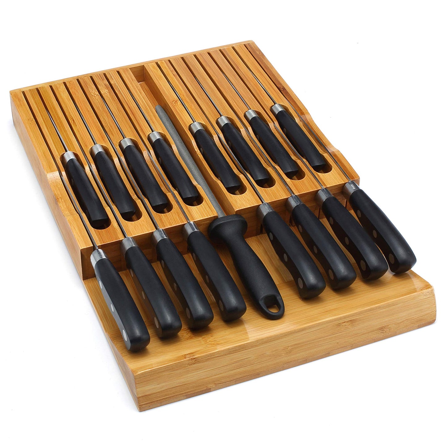 VaeFae In-Drawer Knife Block,Bamboo Knife Drawer Organizer Insert, Kitchen Knife Drawer Storage for 16 Knives PLUS a Slot for your Knife Sharpener (Without Knives)