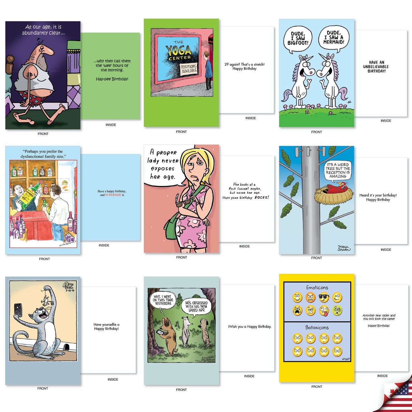 NobleWorks - 36 Assorted Funny Birthday Cards Bulk Box Set with Envelopes (36 Designs, 1 Each) Mixed Humor Greeting Card Variety Pack for Men and Women - Cartoon Party AC9374BDG-B1x36