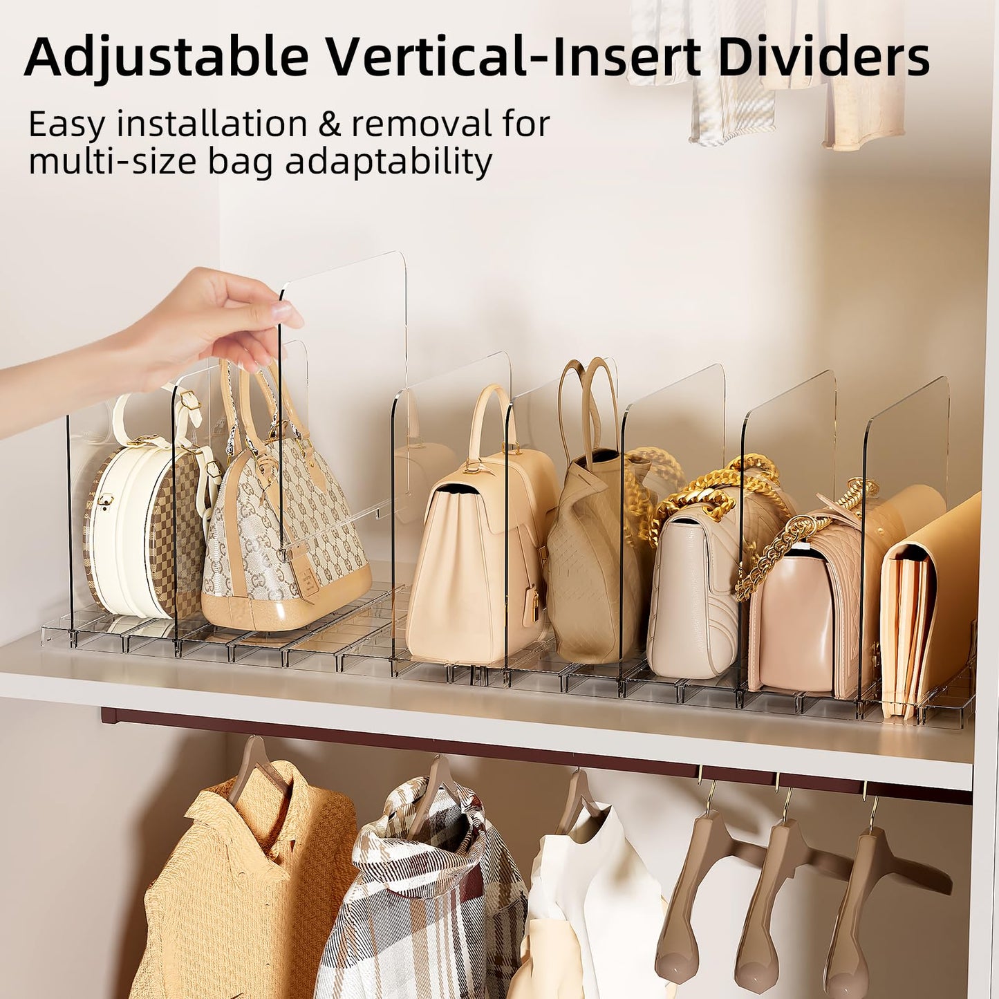 MSHOMELY Stackable Bag & Purse Organizer for Closet Acrylic Shelf Dividers for Closet Organization, Clear Handbag Purse Storage Organizer Divider, Keep Clutch, Wallet, Pocketbook Upright, 6 Pack