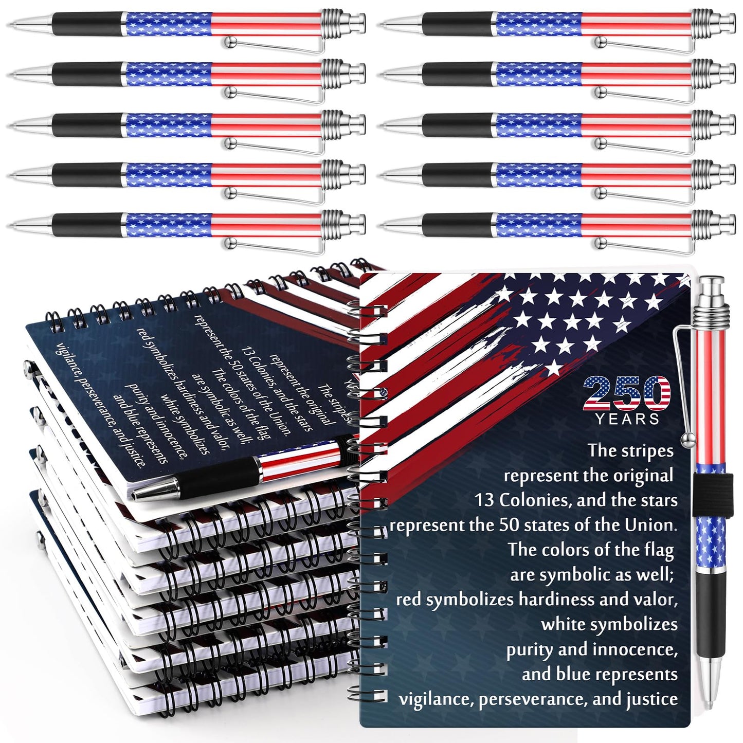 Resurhang 40 Pcs 20 Sets 250th Anniversary Bulk Gifts American Flag Patriotic Notebooks Red White Blue Spiral Journals Military Pens 4th of July Independence Day Gift for Veterans USA Souvenir