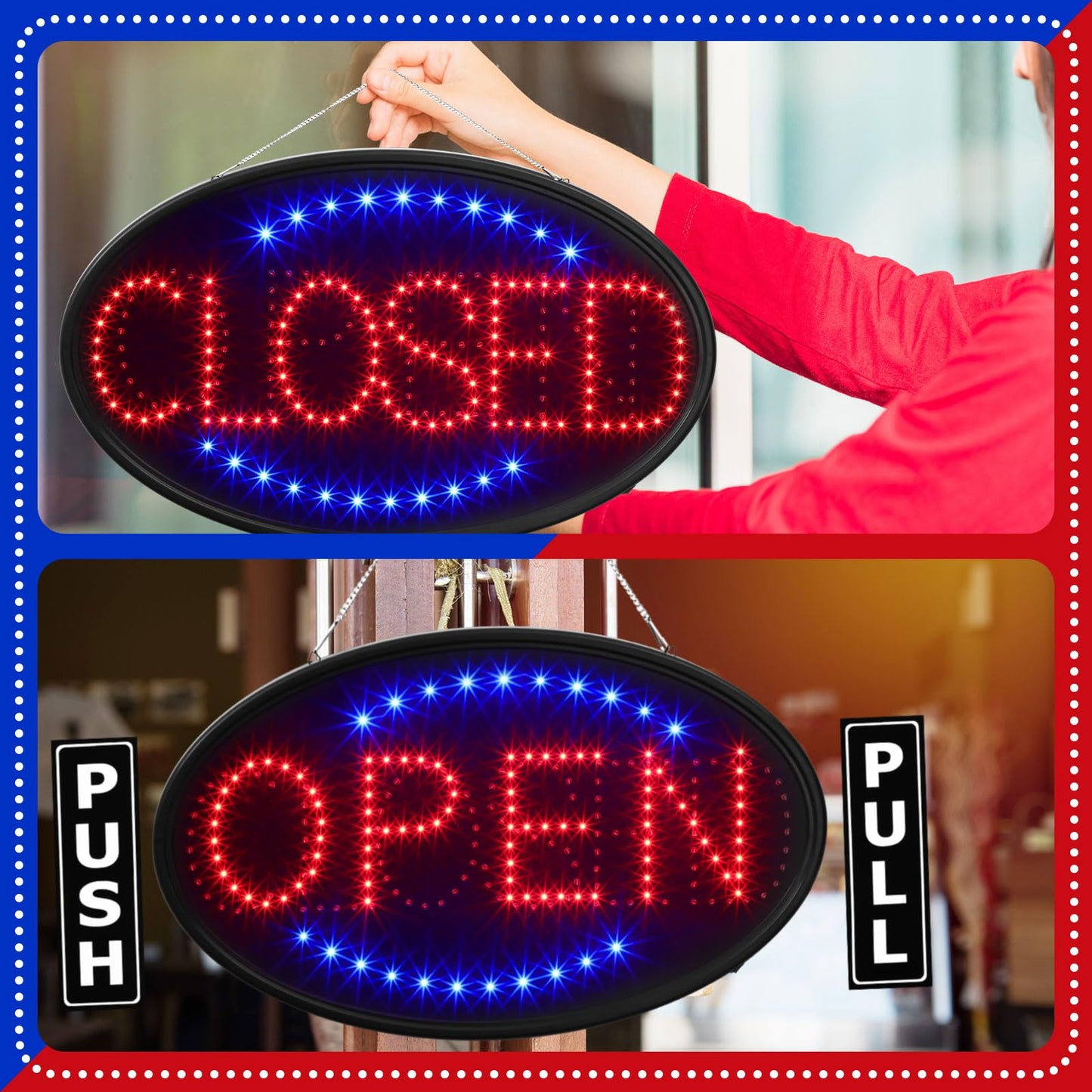 Kanayu 3 Pcs Closed Open LED Neon Sign and Push Pull Stickers Sign Set 23 x 14 Inch Open Closed Electronic Advertisement Display 5 x 2 Inch Vinyl Push Pull Vertical Decal Self Adhesive for Shop Bar