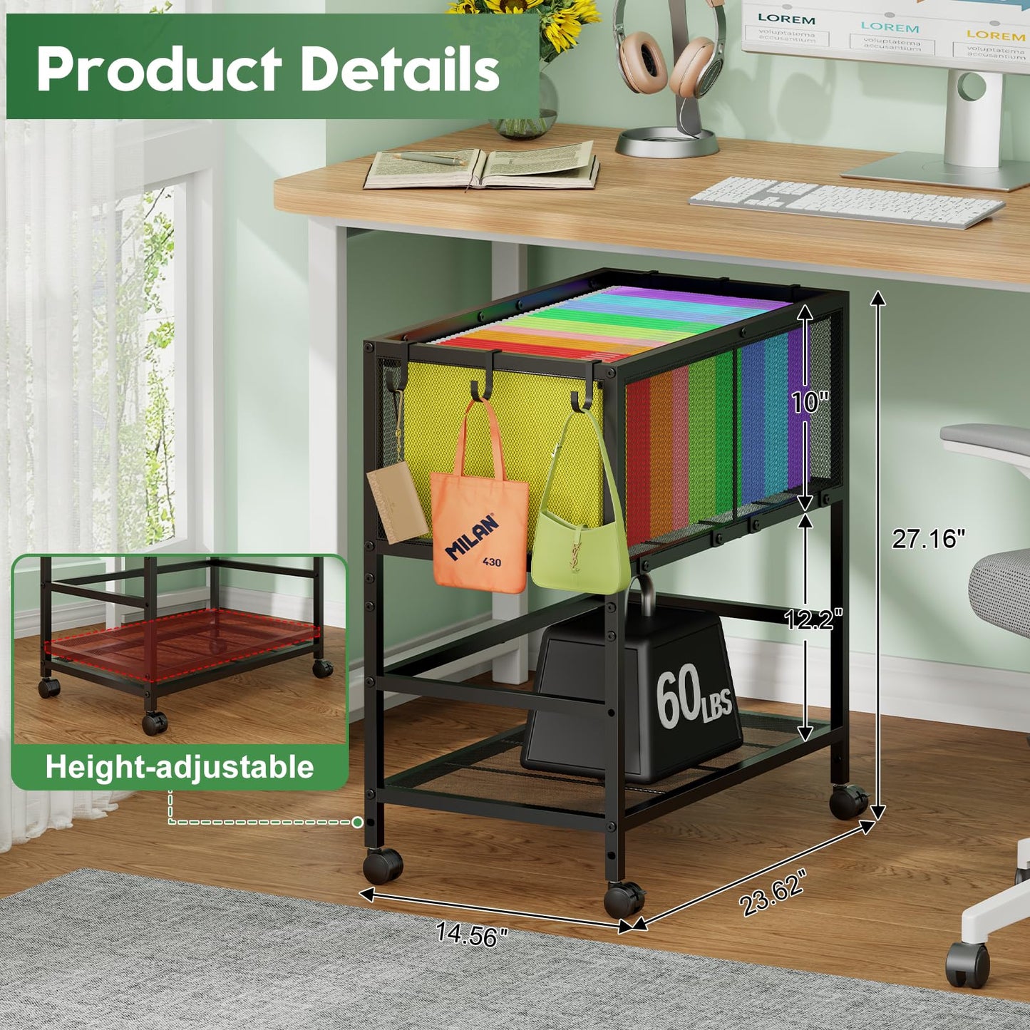Rolling File Cart for Letter Size, Metal Hanging File Organizer with Storage Shelf, 2-Tier Mobile File Cabinet with 360° Wheels & Hooks, Under Desk Filing Cabinets for Home Office, Black