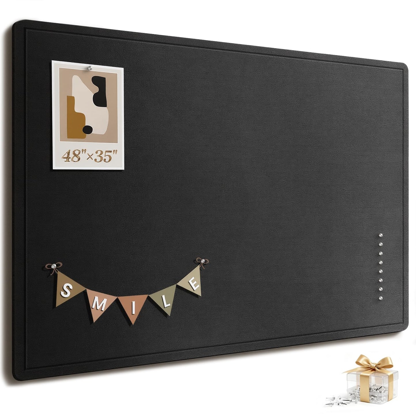 Large Bulletin Board, 48 X 35 Inches Felt Cork Board with 40 Pushpins, Foldable Felt Notice Pin Board Photo Display Board with Self-Adhesive Tape for Office Home School (Black, 48x35 inch)
