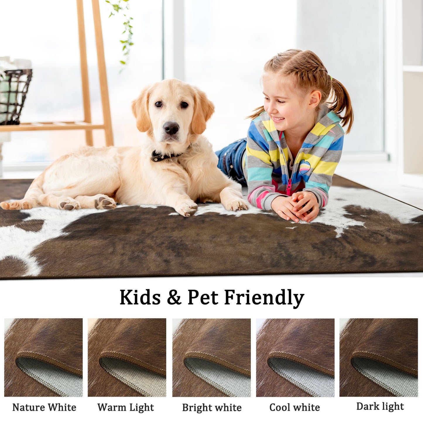 Foxmas Cow Print Rugs for Living Room Bedroom, 5x7 Washable Non-Slip Low Pile Indoor Floor Rug, Carpet for Dining Room Kitchen Office Western Home Decor, Brown